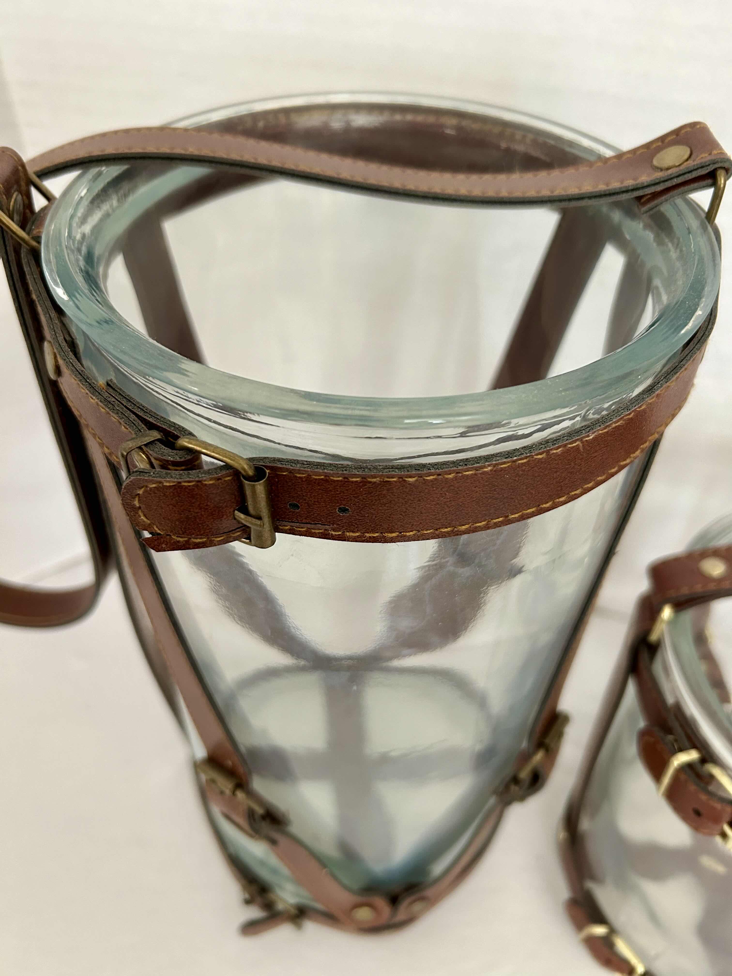 Photo 1 of 2 HANGING LEATHER WRAPPED HURRICANE THICK GLASS CANDLE HOLDERS H12” and H7”
