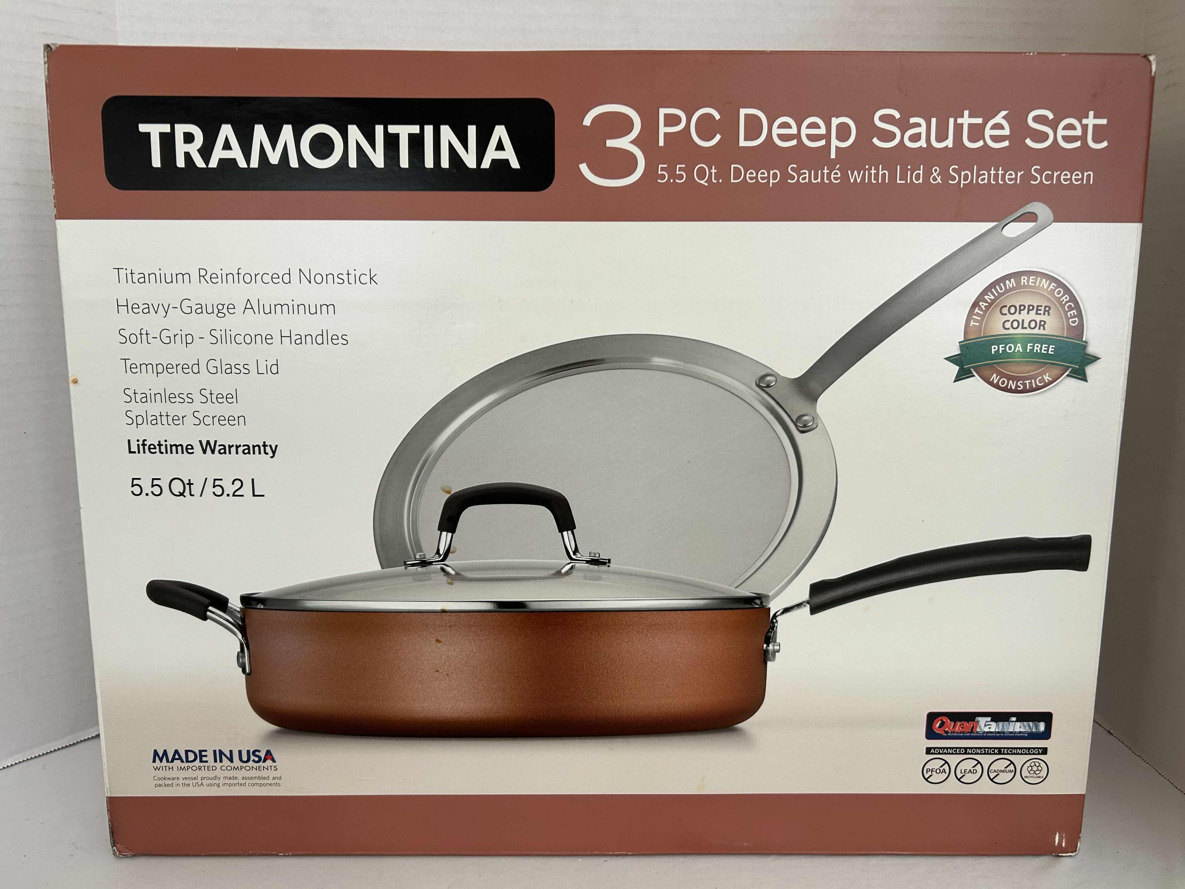 Photo 1 of 3 PC- NIB TRAMONTINA DEEP SAUTÉ SET 5.5 QUART WITH LID AND SPLATTER SCREEN 
