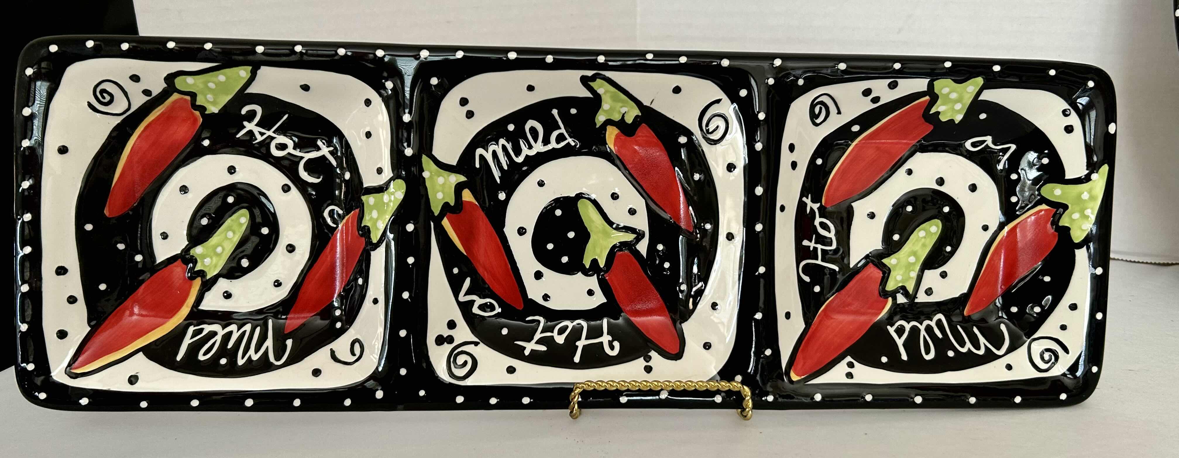 Photo 1 of CHILI THEMED CHIP AND DIP PLATTER AND 3 SECTION SERVING DISH