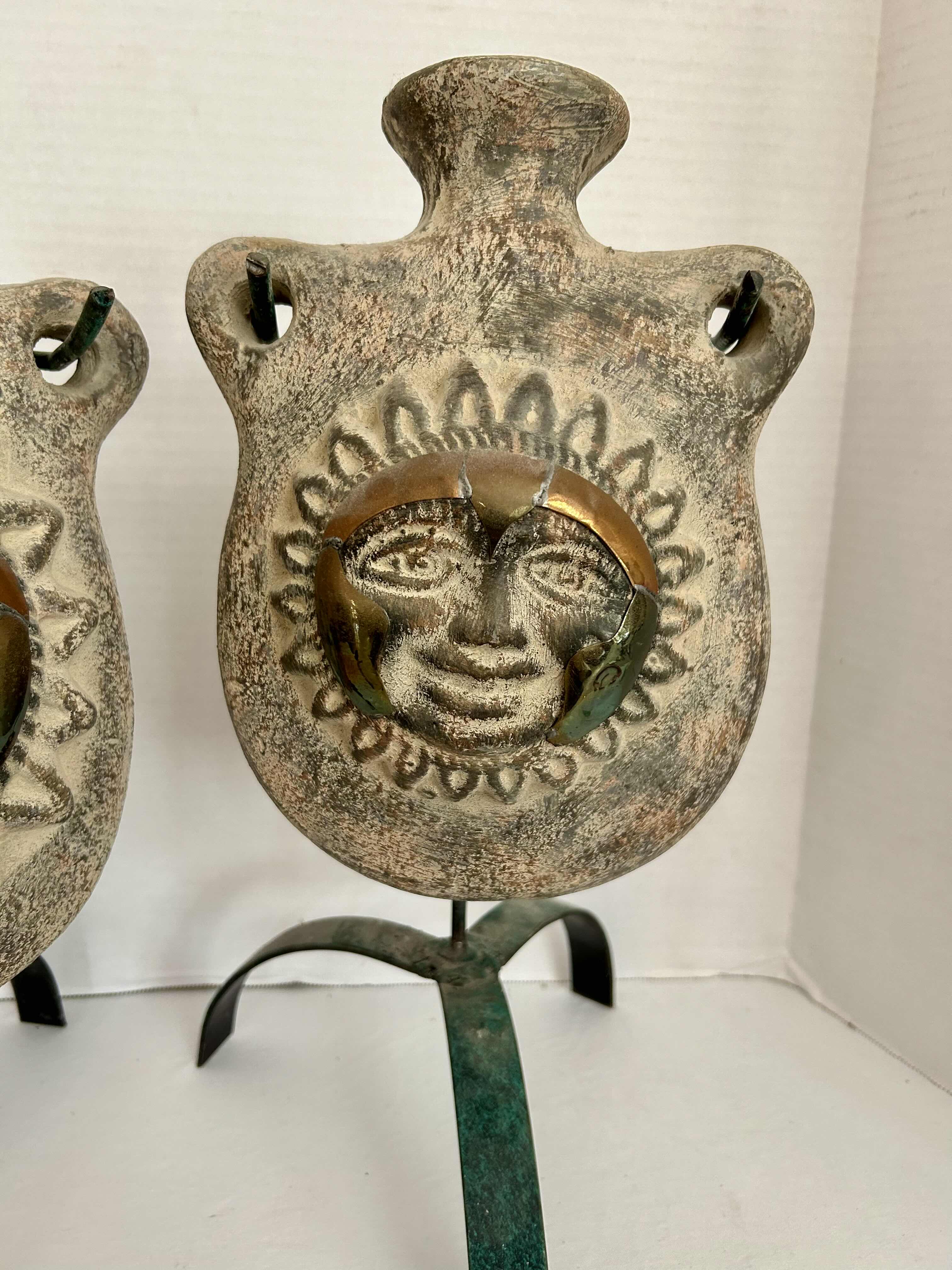 Photo 1 of 2 SUNFACE TERRACOTTA POTTERY VESSELS ON METAL STAND H16”
