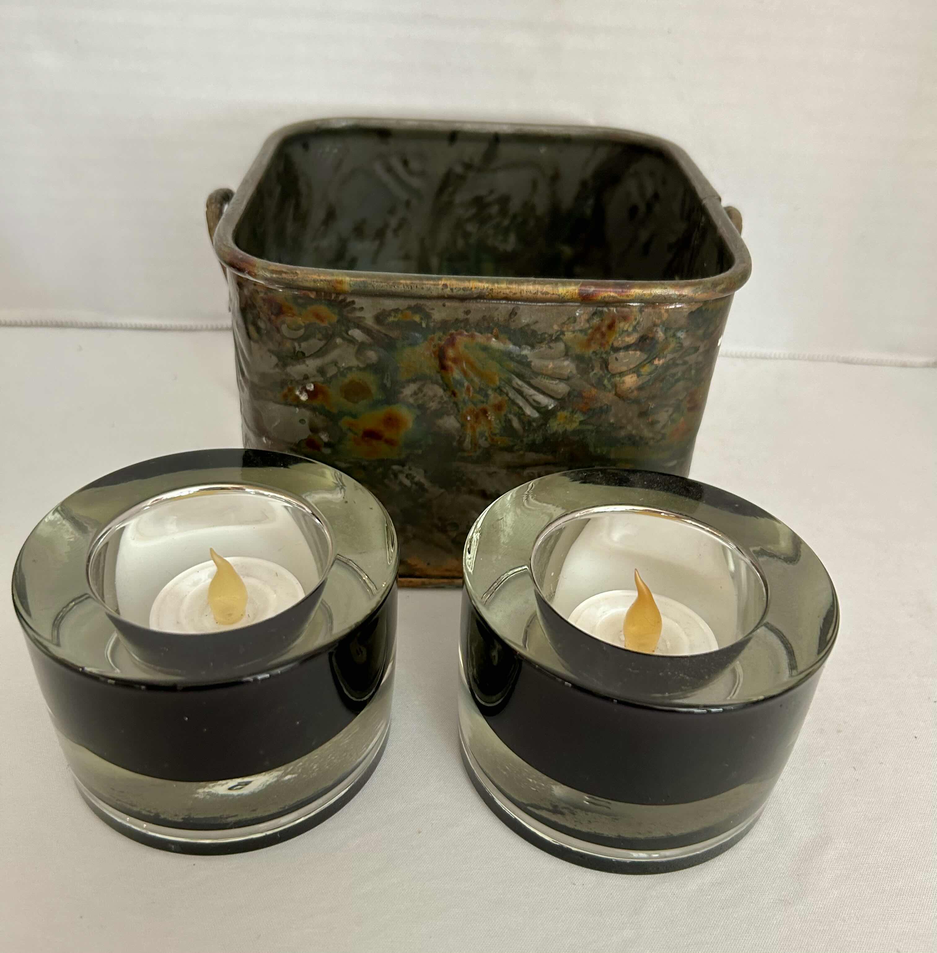 Photo 1 of EIFFEL TOWER CANDLE, 2 THICK GLASS SCONCE CANDLE HOLDERS AND SMALL METAL CONTAINER