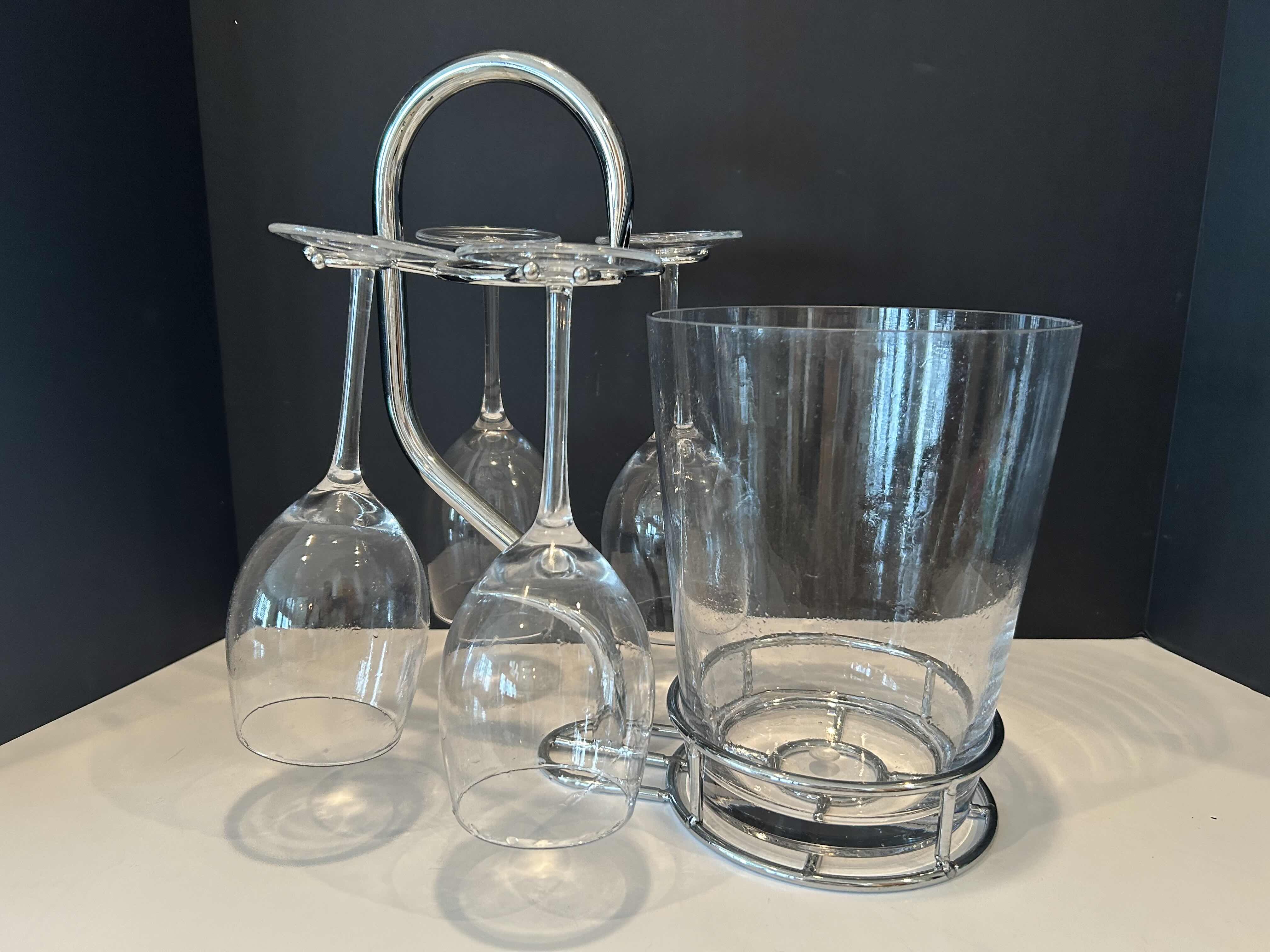 Photo 1 of 4 WINE GLASSES & ICE BUCKET IN SILVER CARRYING HOLDER MADE BY THE GODINGER SILVER ART COMPANY 

RETAIL: $85.00