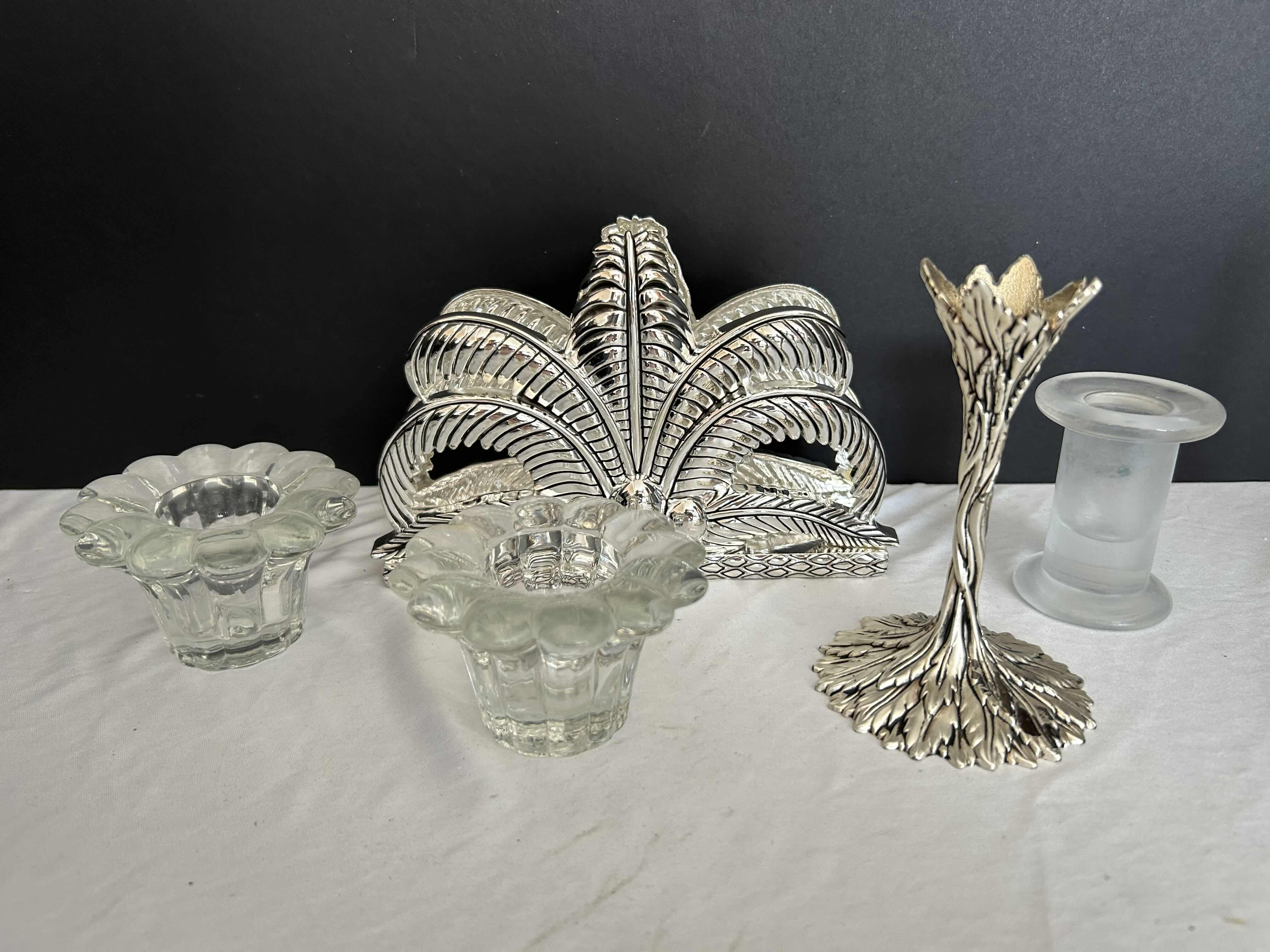 Photo 1 of 2 WOOD TRAYS, 4 CANDLE HOLDERS, NAPKIN HOLDER 
