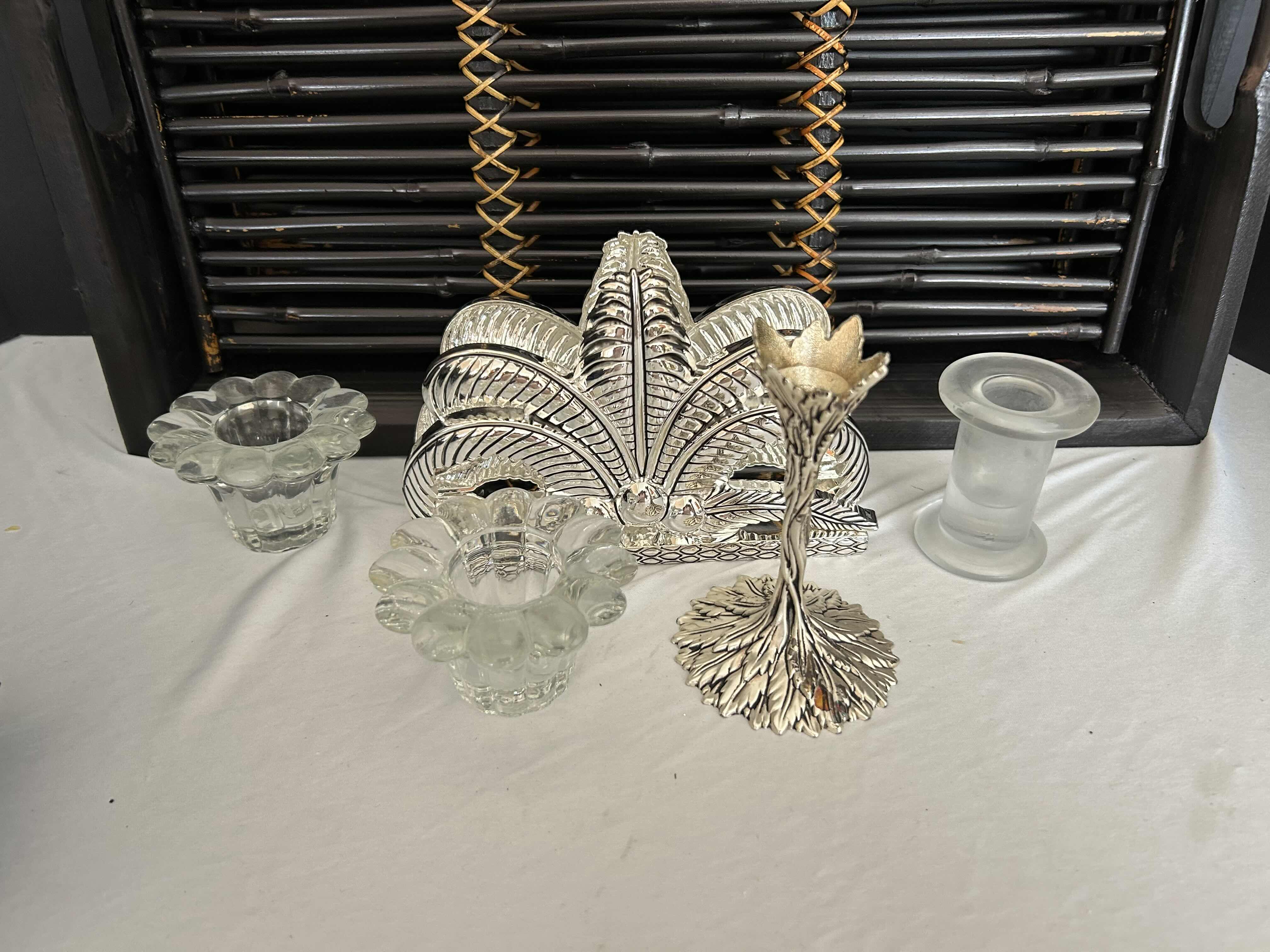 Photo 1 of 2 WOOD TRAYS, 4 CANDLE HOLDERS, NAPKIN HOLDER 
