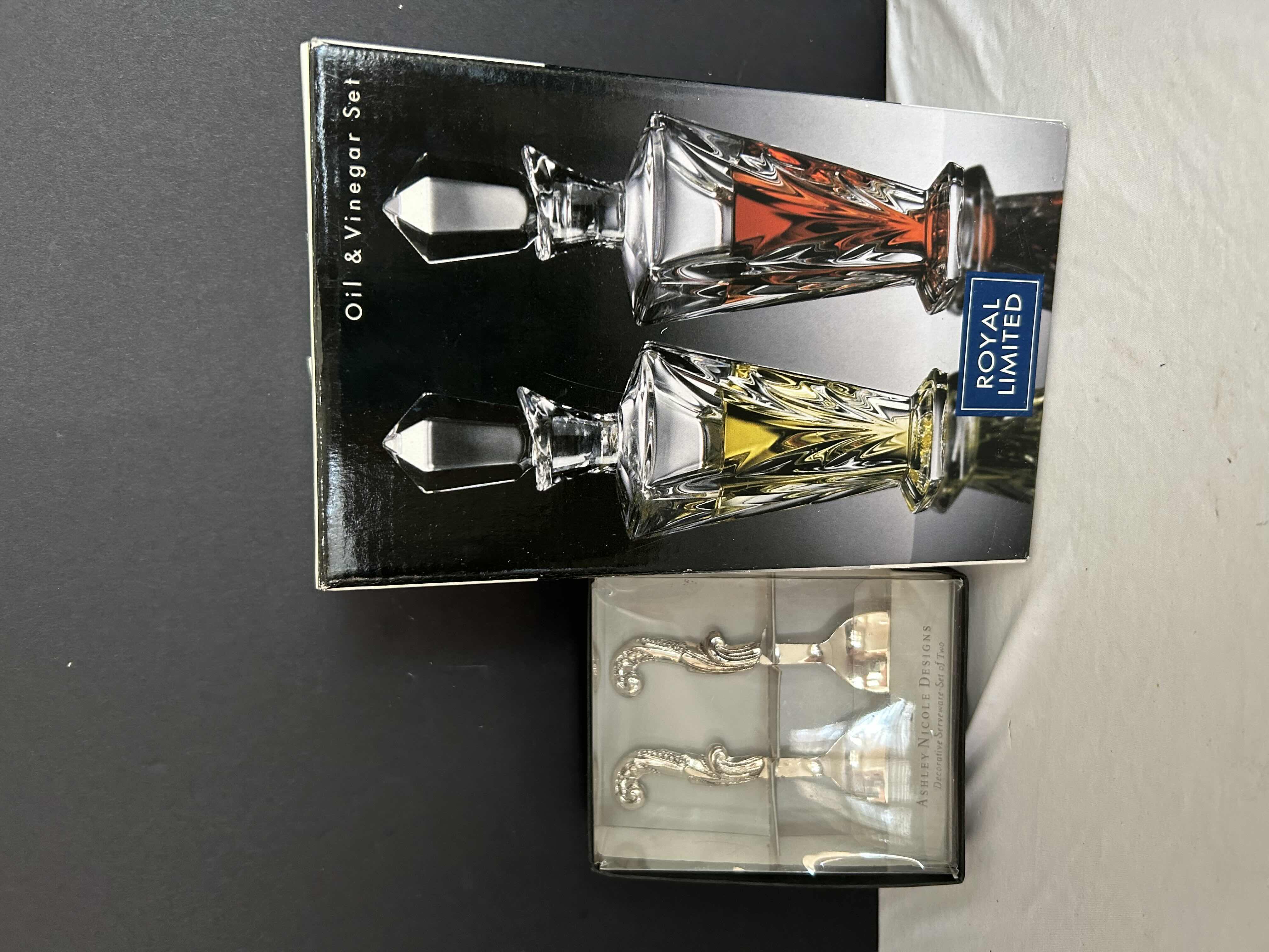 Photo 1 of CRYSTAL OIL & VINEGAR SET & SET OF 2 DECORATIVE SERVICE SPOONS 
$30.00