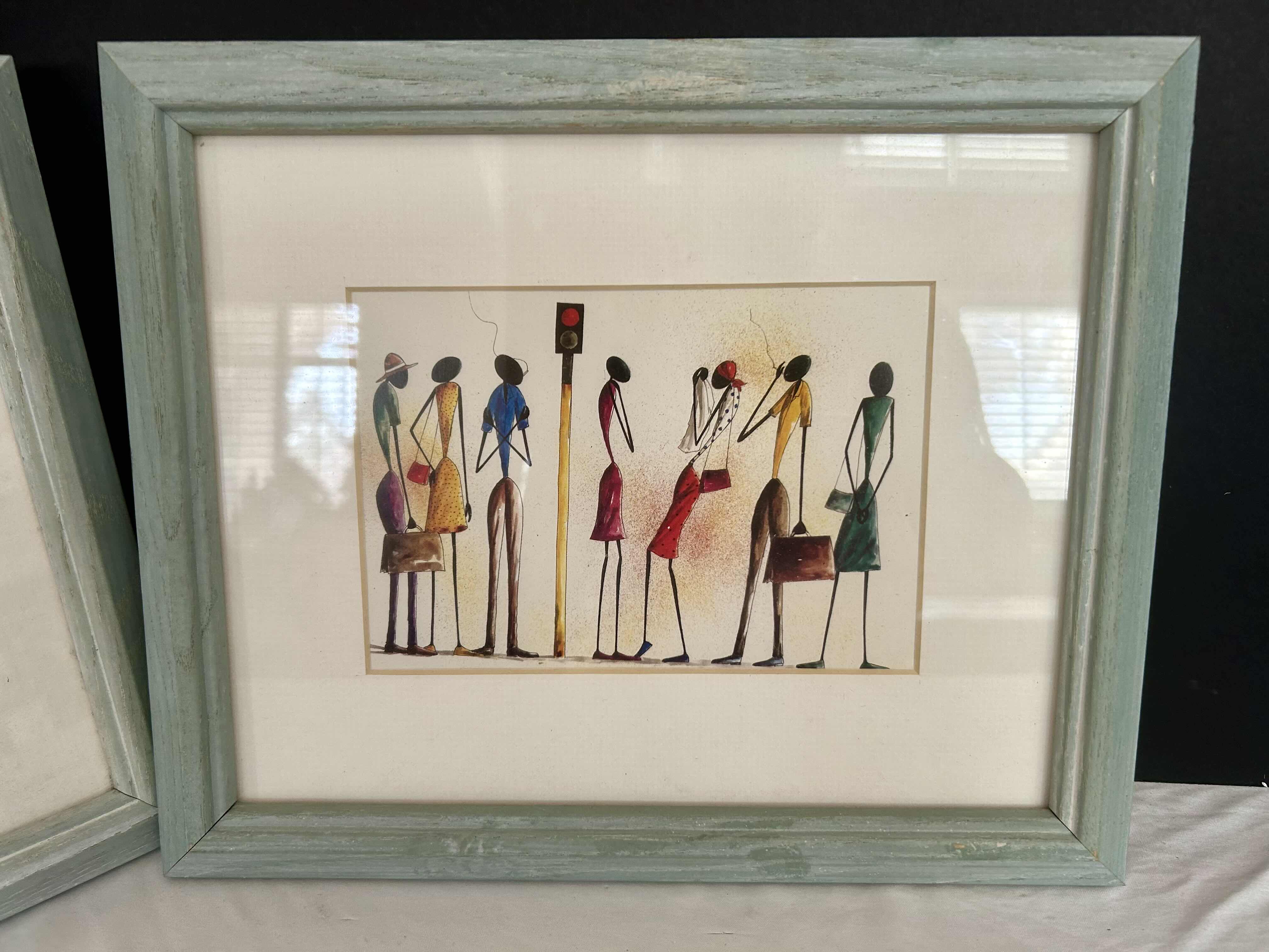 Photo 1 of 2- BLUE FRAMED "ETHNIC FIGURATIVE" ARTWORKS 8" X 10"
