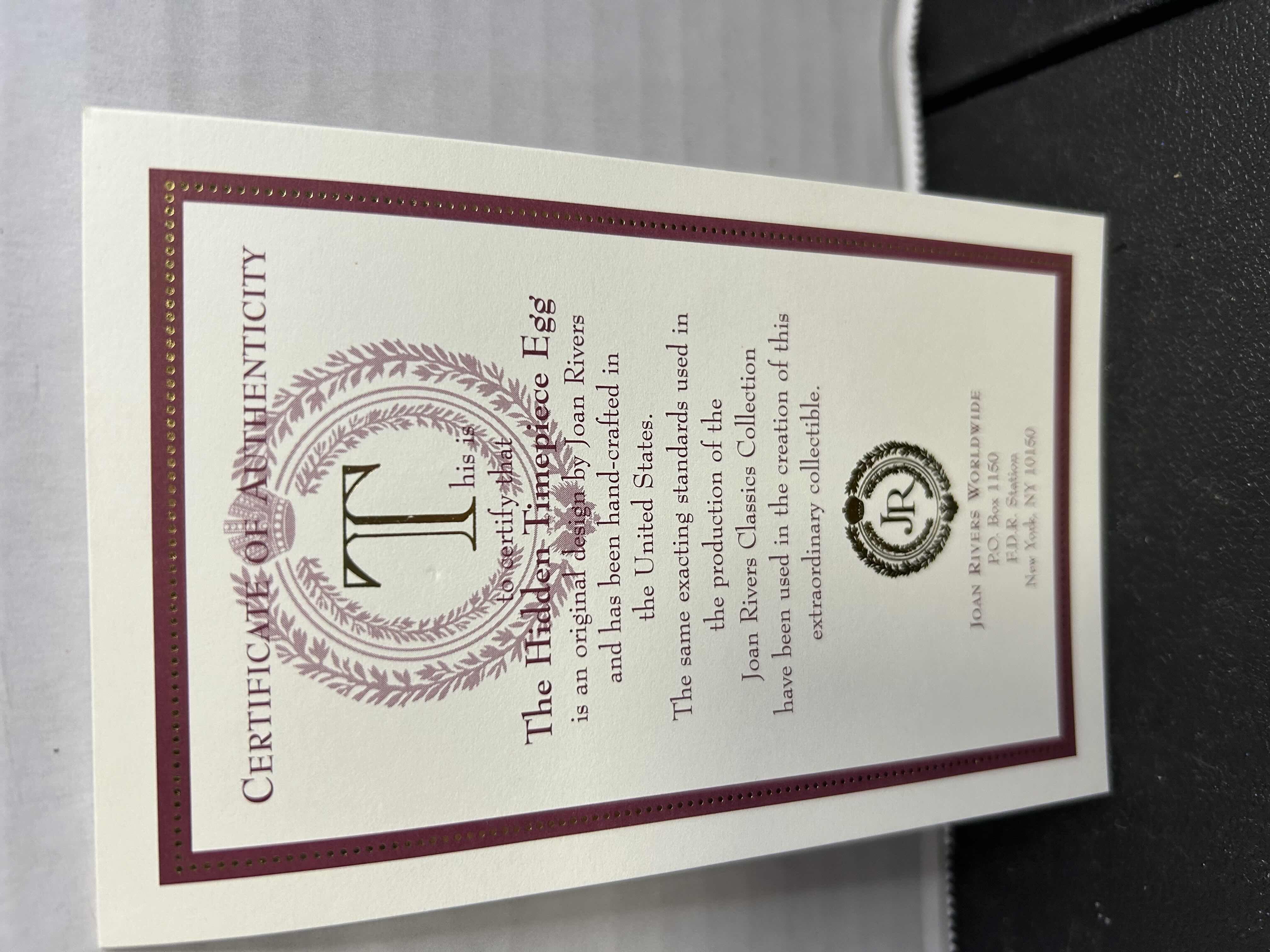 Photo 1 of JOAN RIVERS COLLECTIONS FABERGE STYLE EGG, “THE HIDDEN TIMEPIECE EGG” WITH CERTIFICATE OF AUTHENTICITY

