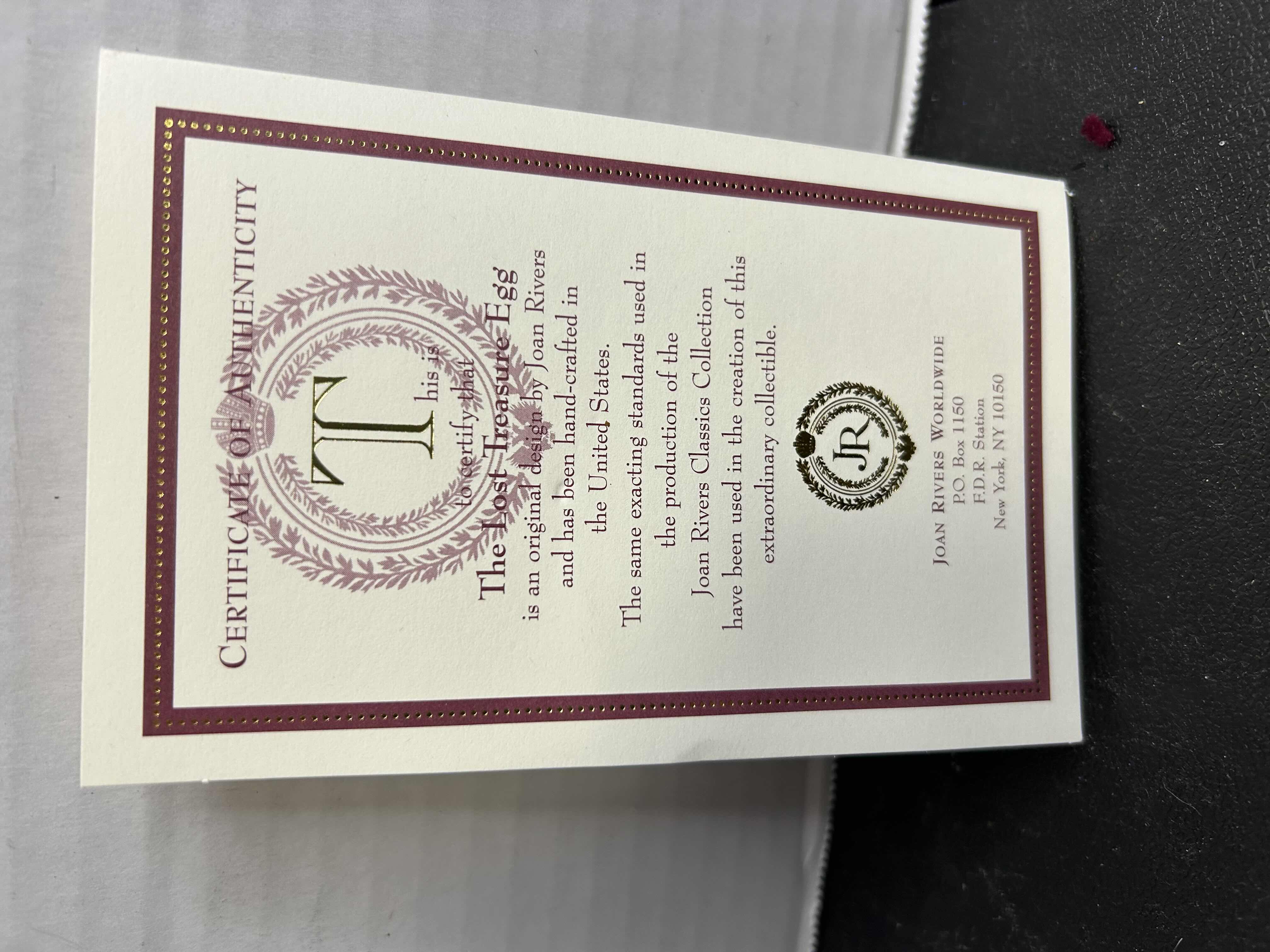 Photo 1 of NIB JOAN RIVERS COLLECTION FABERGE STYLE EGG. “THE LOST TREASURE EGG” CERTIFICATE OF AUTHENTICITY INCLUDED. HOME DECOR.

