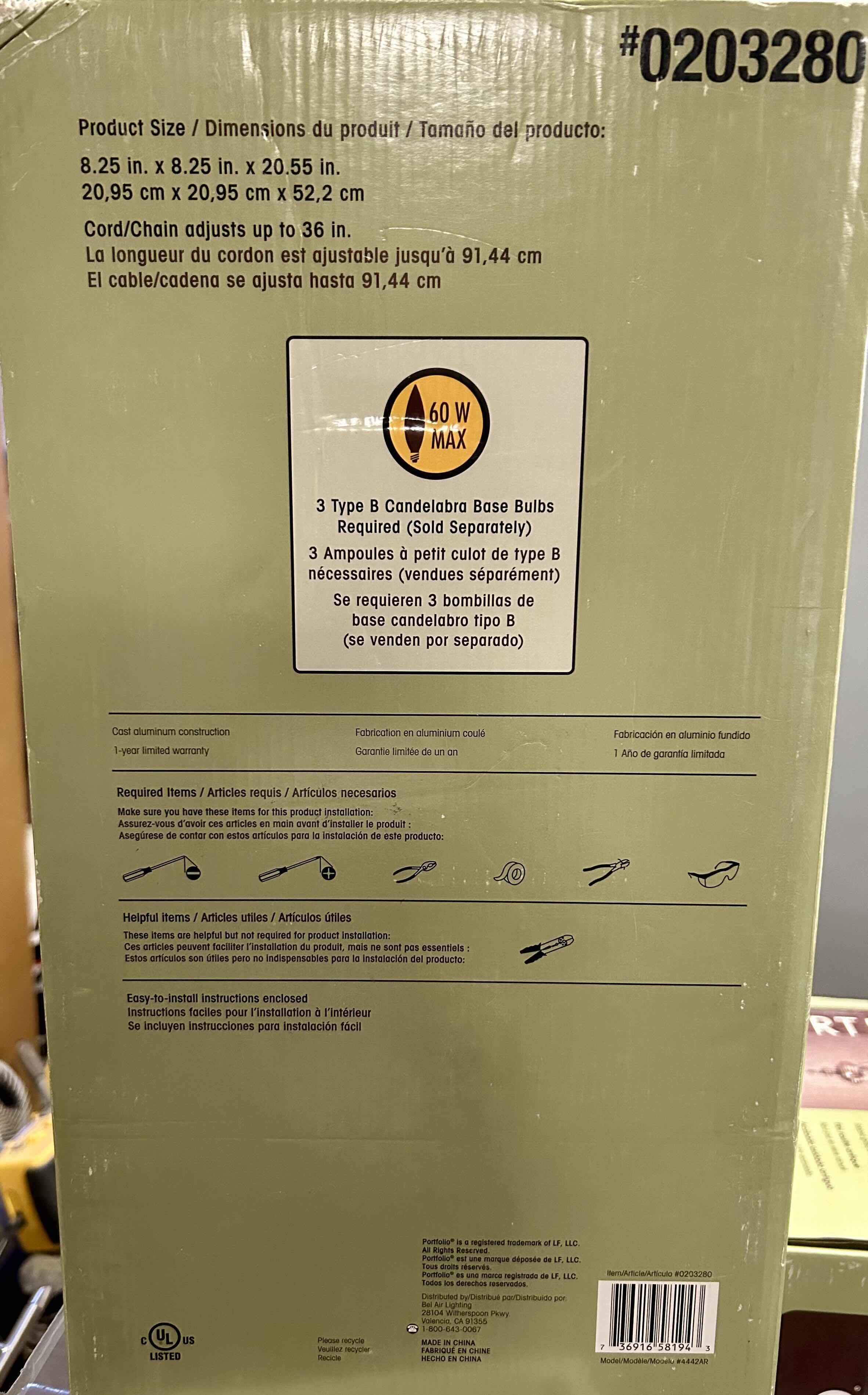 Photo 1 of NIB PORTFOLIO OUTDOOR 3 LIGHT PENDANT WITH AN ANTIQUE RUST FINISH AND RIBBED GLASS SHADE