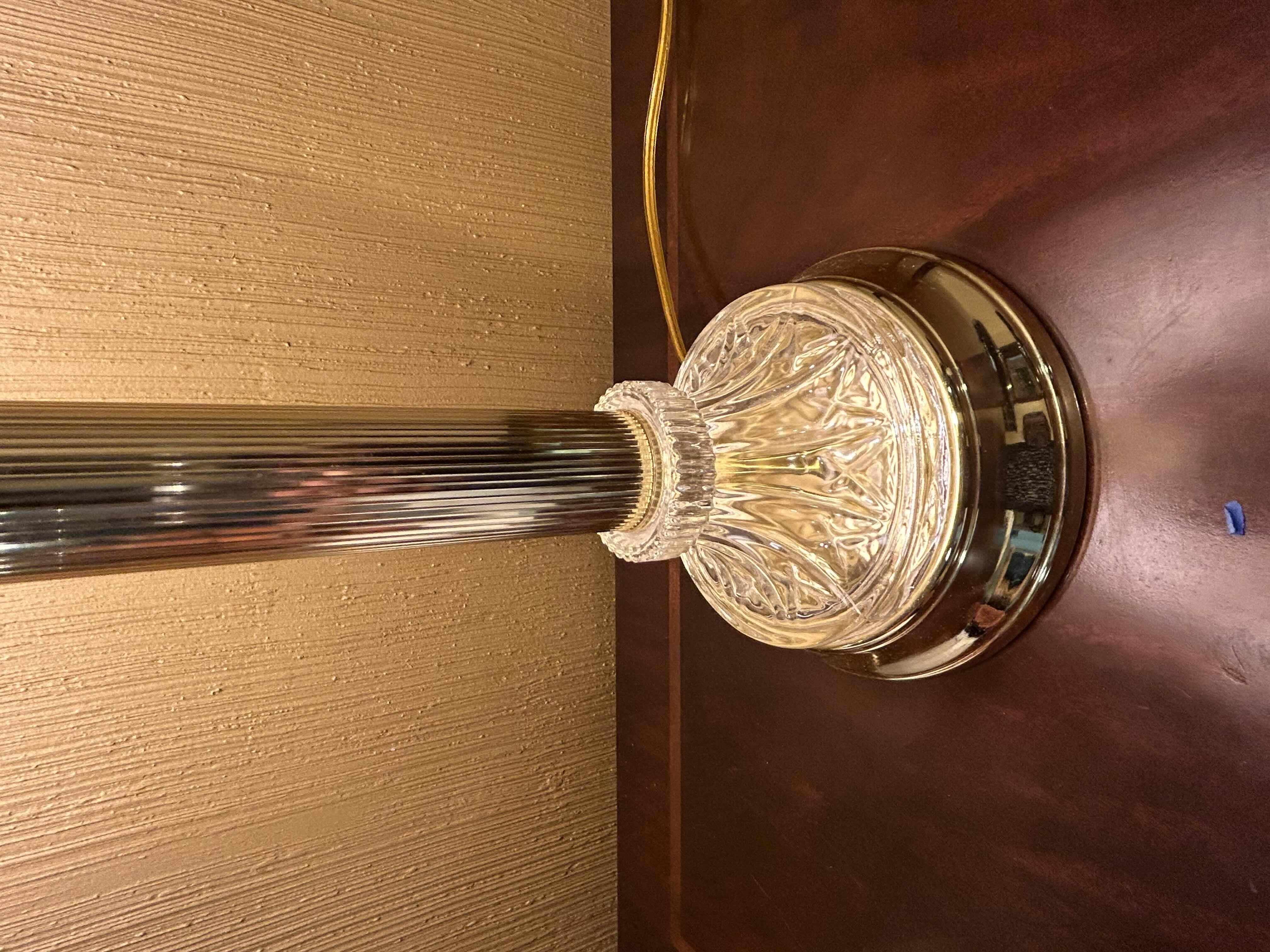 View 3 of BRASS AND CRYSTAL LAMP WITH TAN COLORED BELL SHAPED SHADE H28”

100.00