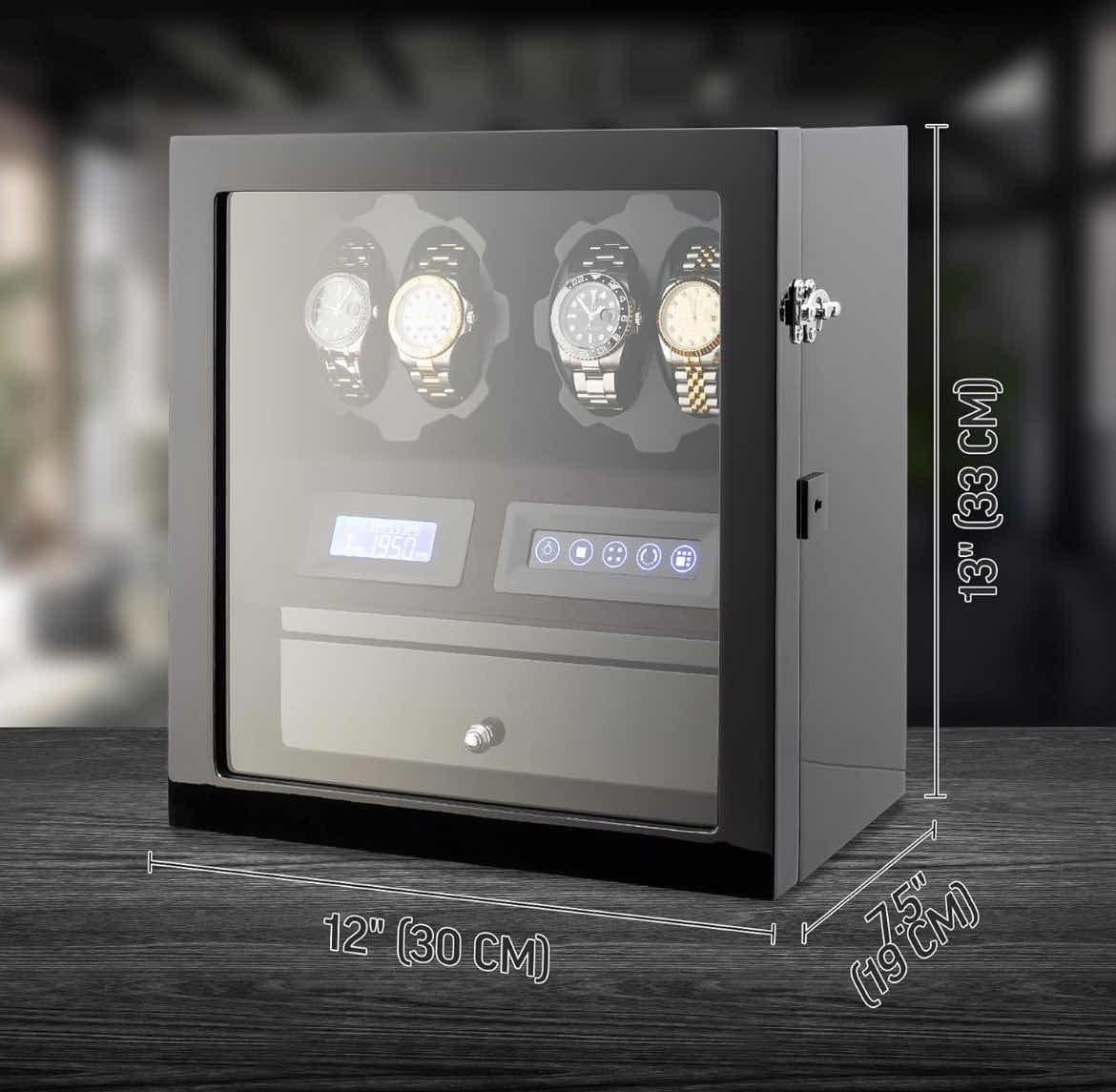 Photo 1 of 4 WATCH, WATCH WINDER with 5 WATCH STORAGE SPACE, LCD DISPLAY, TOUCH CONTROL and INTERIOR LIGHT
12”X 7.5” H 13” 

260.00