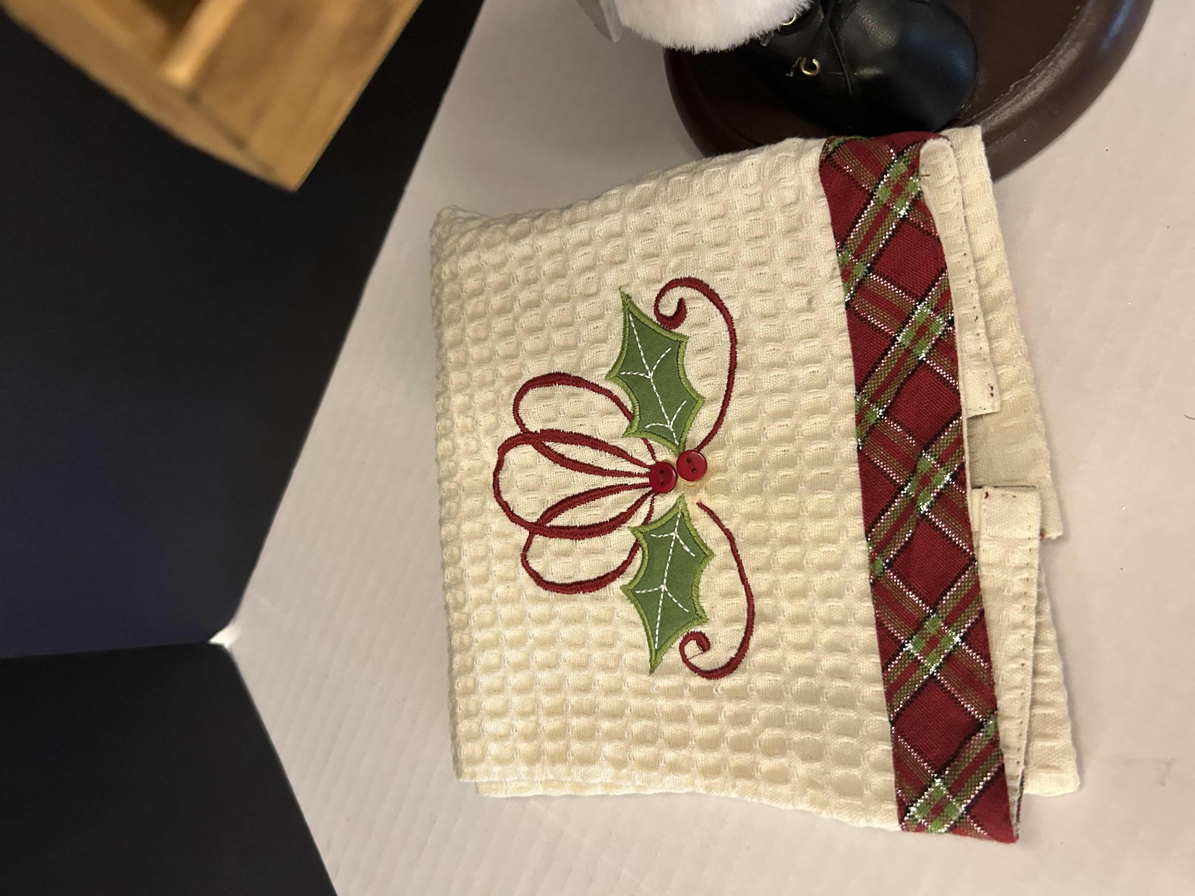 Photo 1 of 18” STUFFED SANTA ON STAND AND 1- CHRISTMAS LINEN
