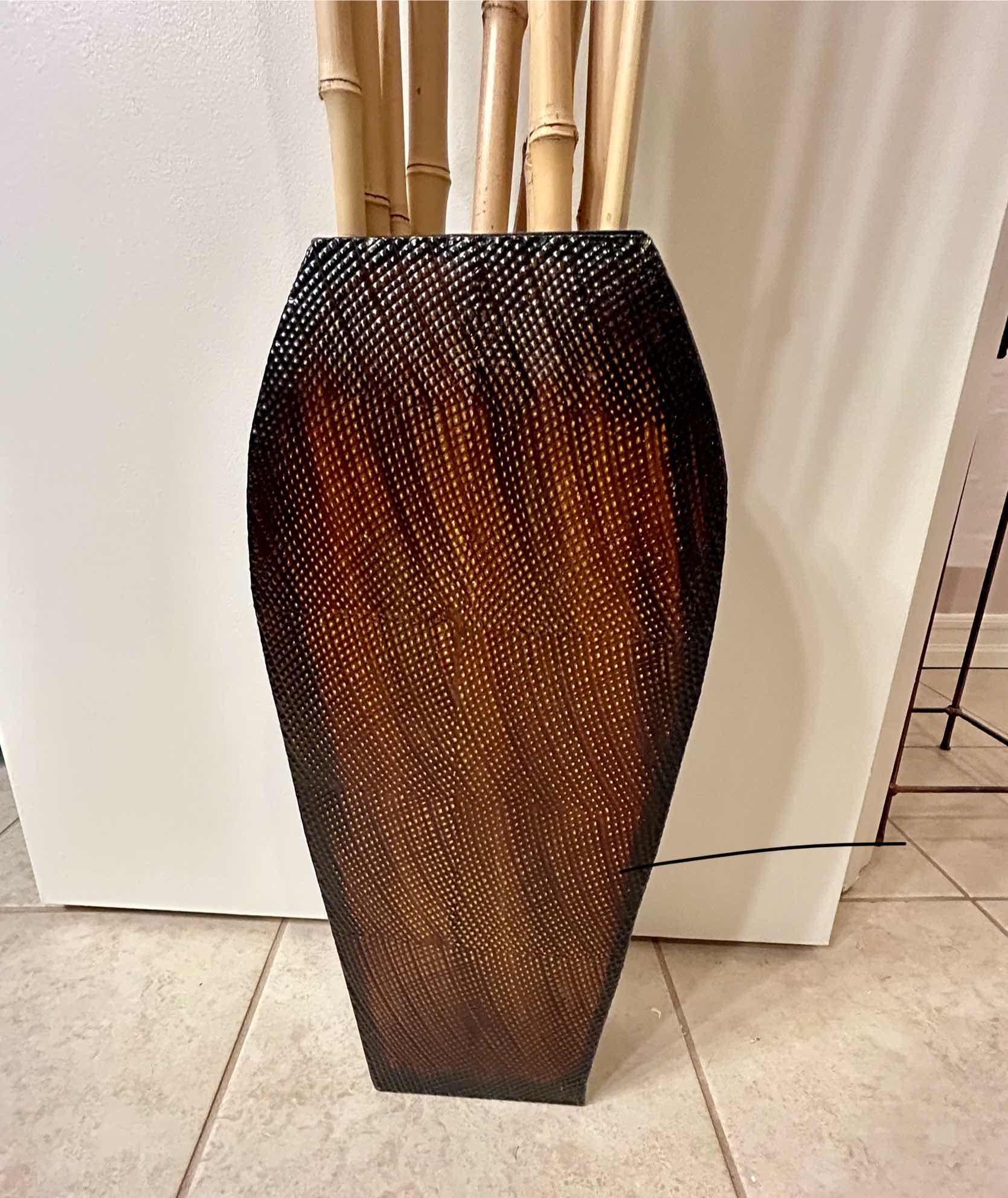 Photo 1 of AGED AND HAMMERED COPPER COLORED METAL VASE H 20”. BAMBOO INCLUDED H 60”