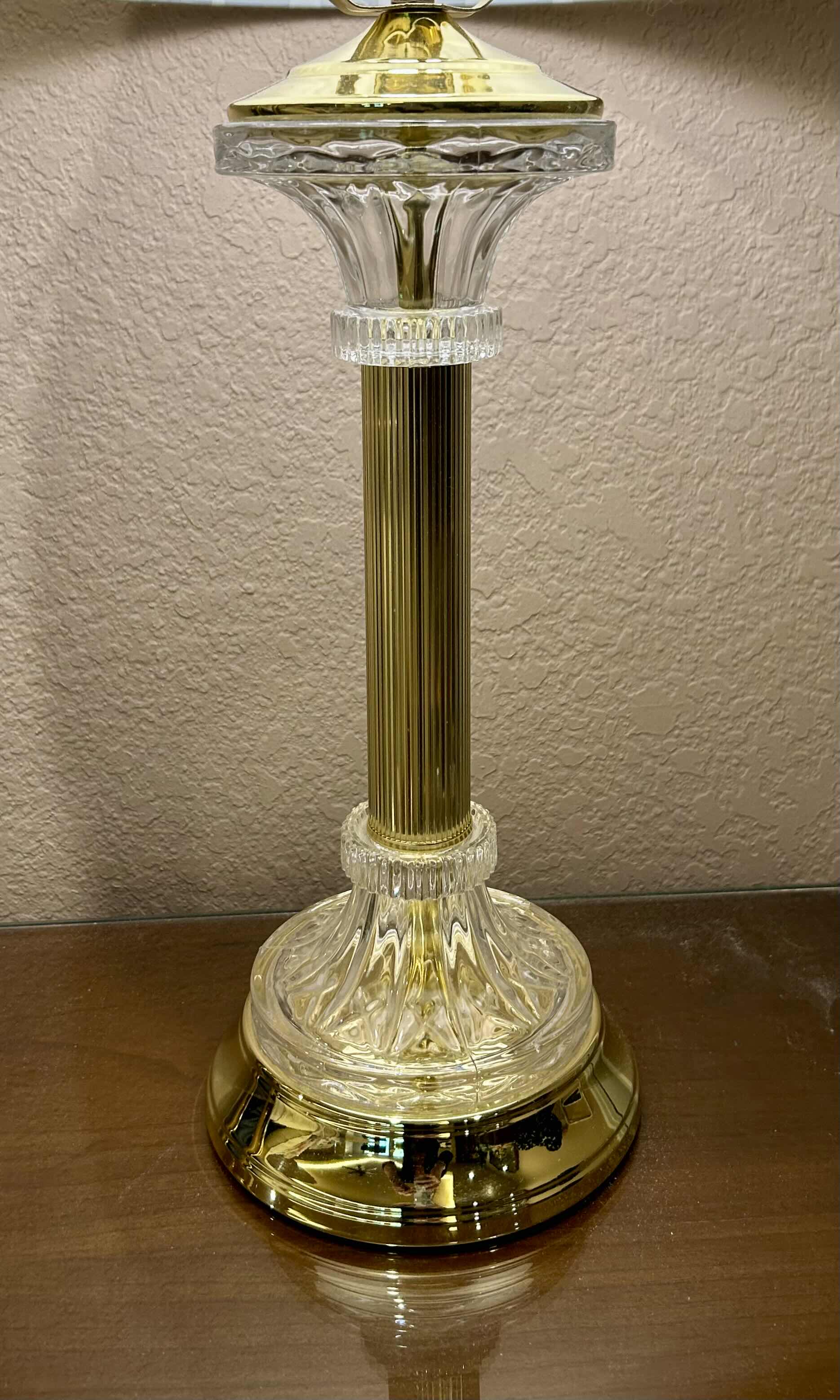 Photo 1 of BRASS AND GLASS TABLE TOP LAMP WITH WHITE PLEATED SHADE, H 30”