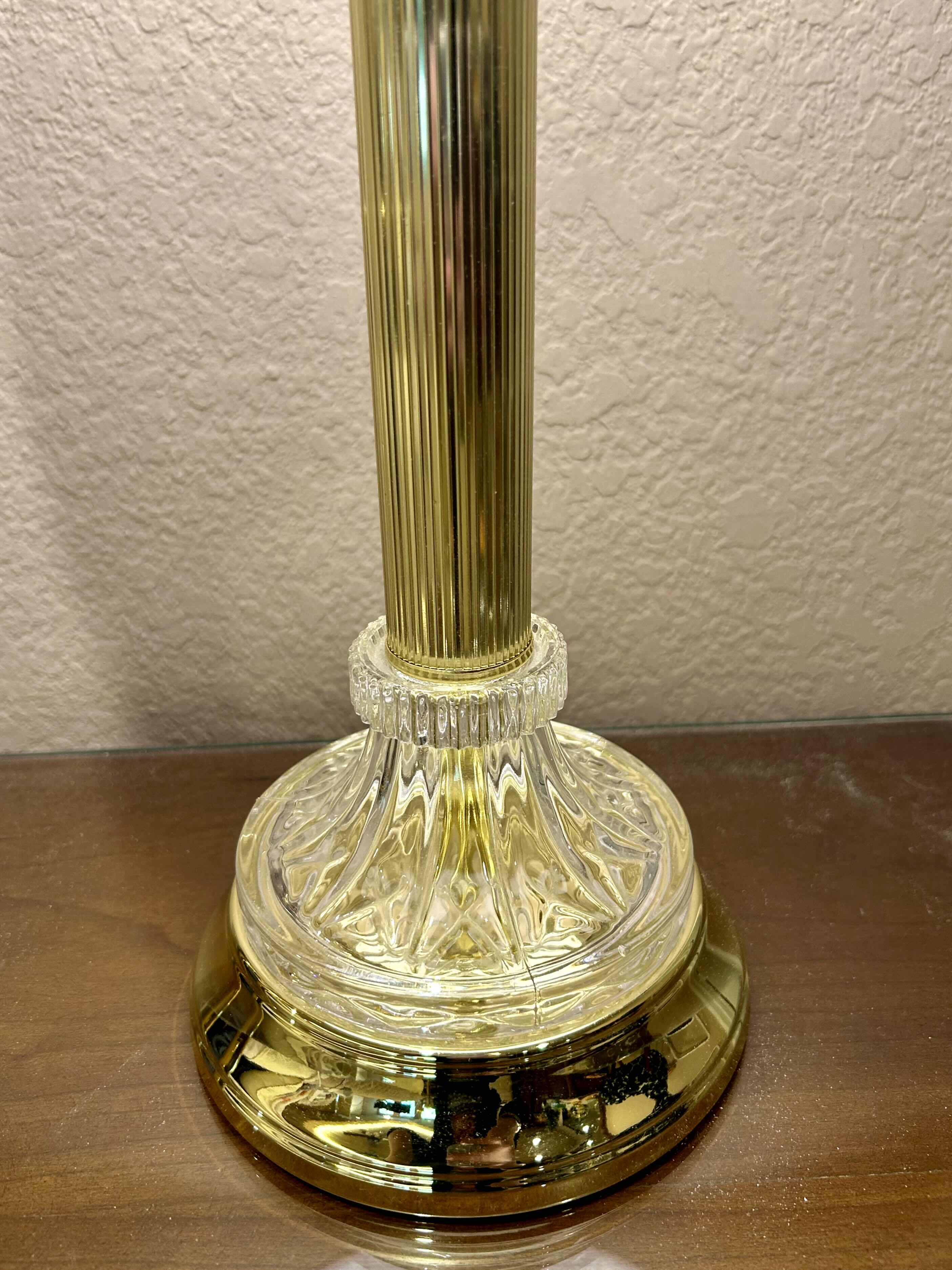 Photo 1 of BRASS AND GLASS TABLE TOP LAMP WITH WHITE PLEADED SHADE H 30”