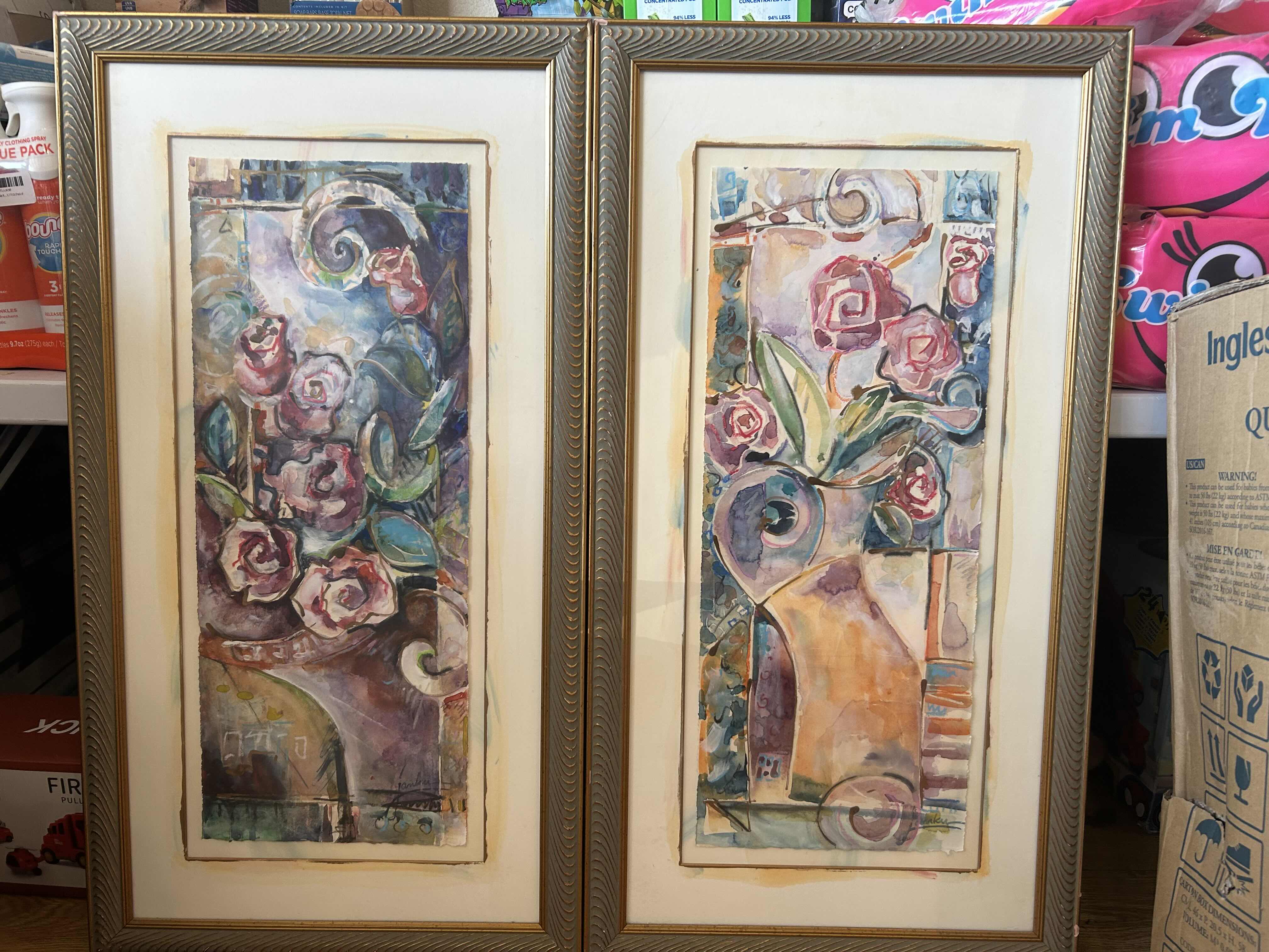 Photo 1 of 2- ABSTRACT FLOWERS FRAMED ARTWORK 
16 X 31”