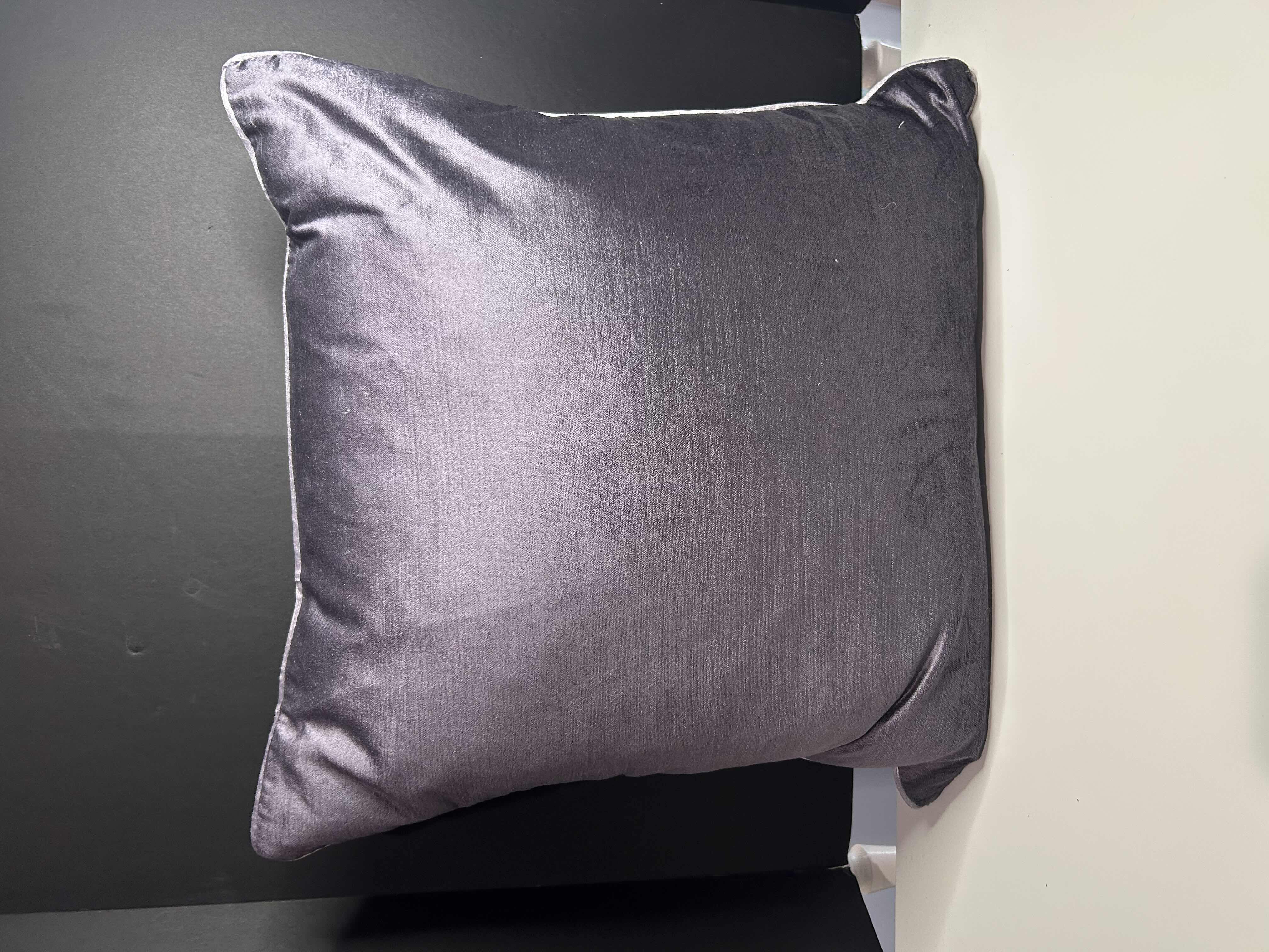 Photo 2 of 2- DECORATIVE THROW PILLOWS IN PURPLE AND SILVER 16” X 16” & 12” DIAMETER