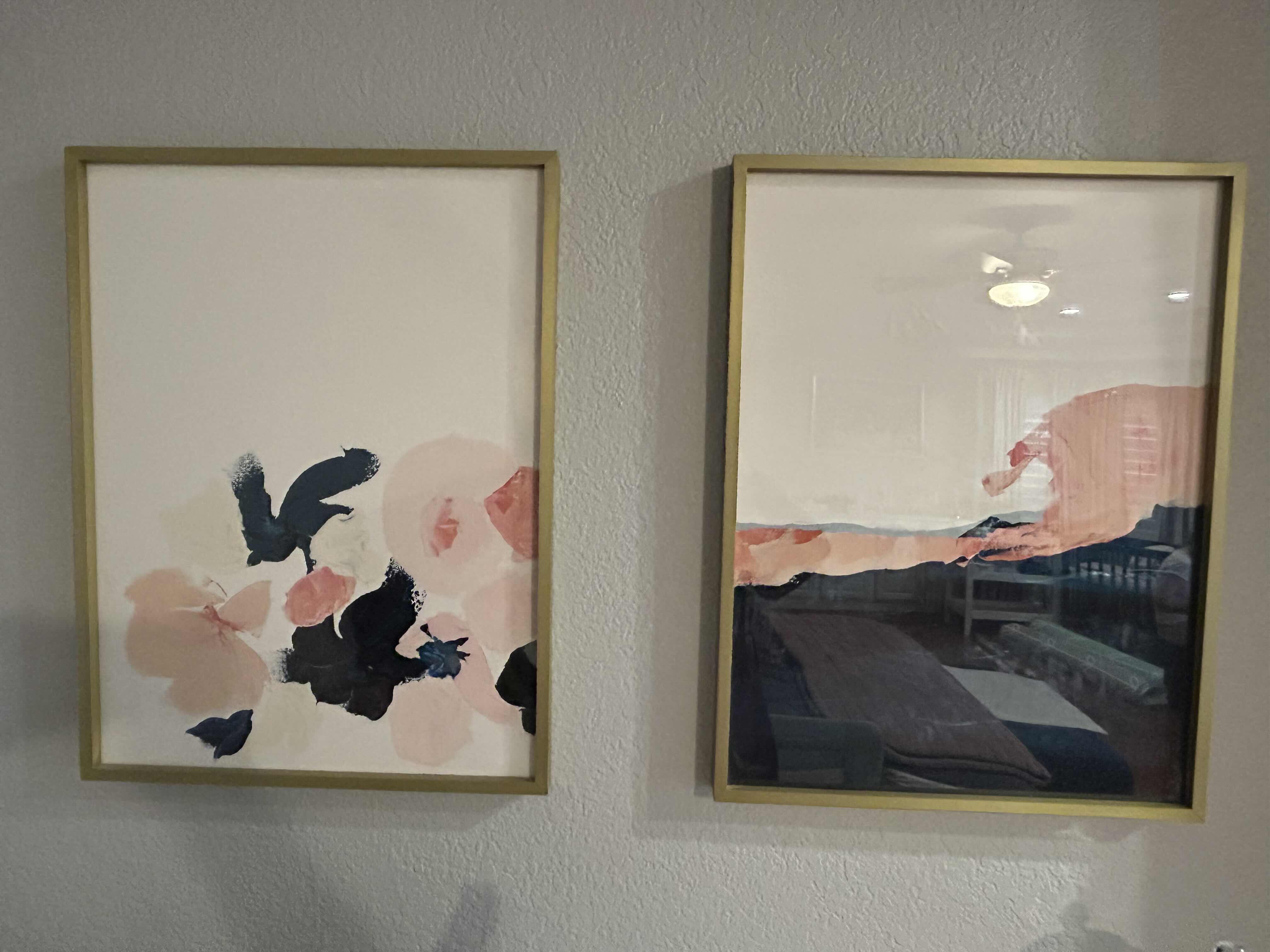 Photo 1 of 2-ABSTRACT ARTWORKS IN BLUE AND PINK WITH GOLD FRAME19” X 25”