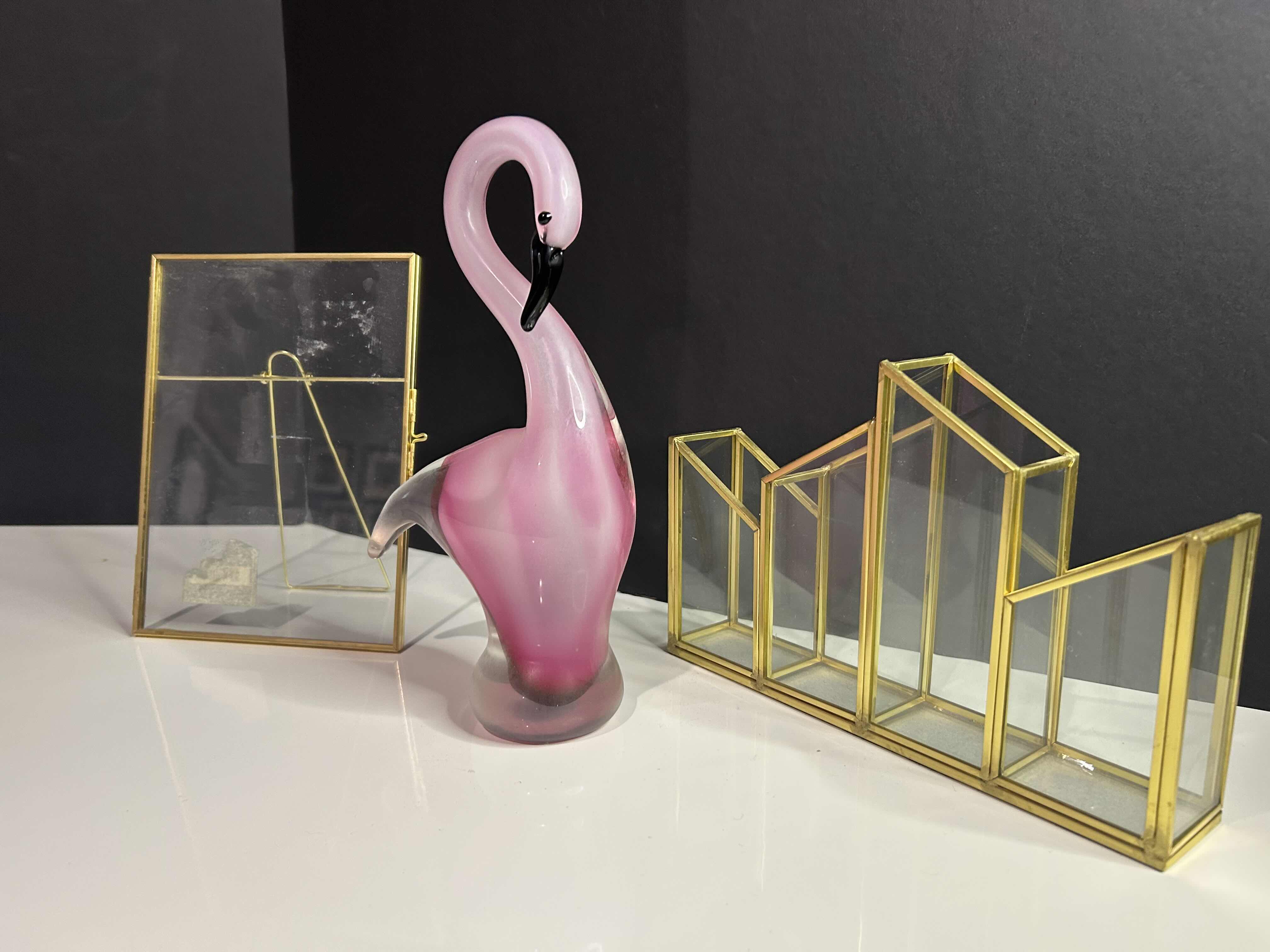Photo 1 of BLOWN GLASS FLAMINGO PAPERWEIGHT 9” AND DESK ACCERSSORIES