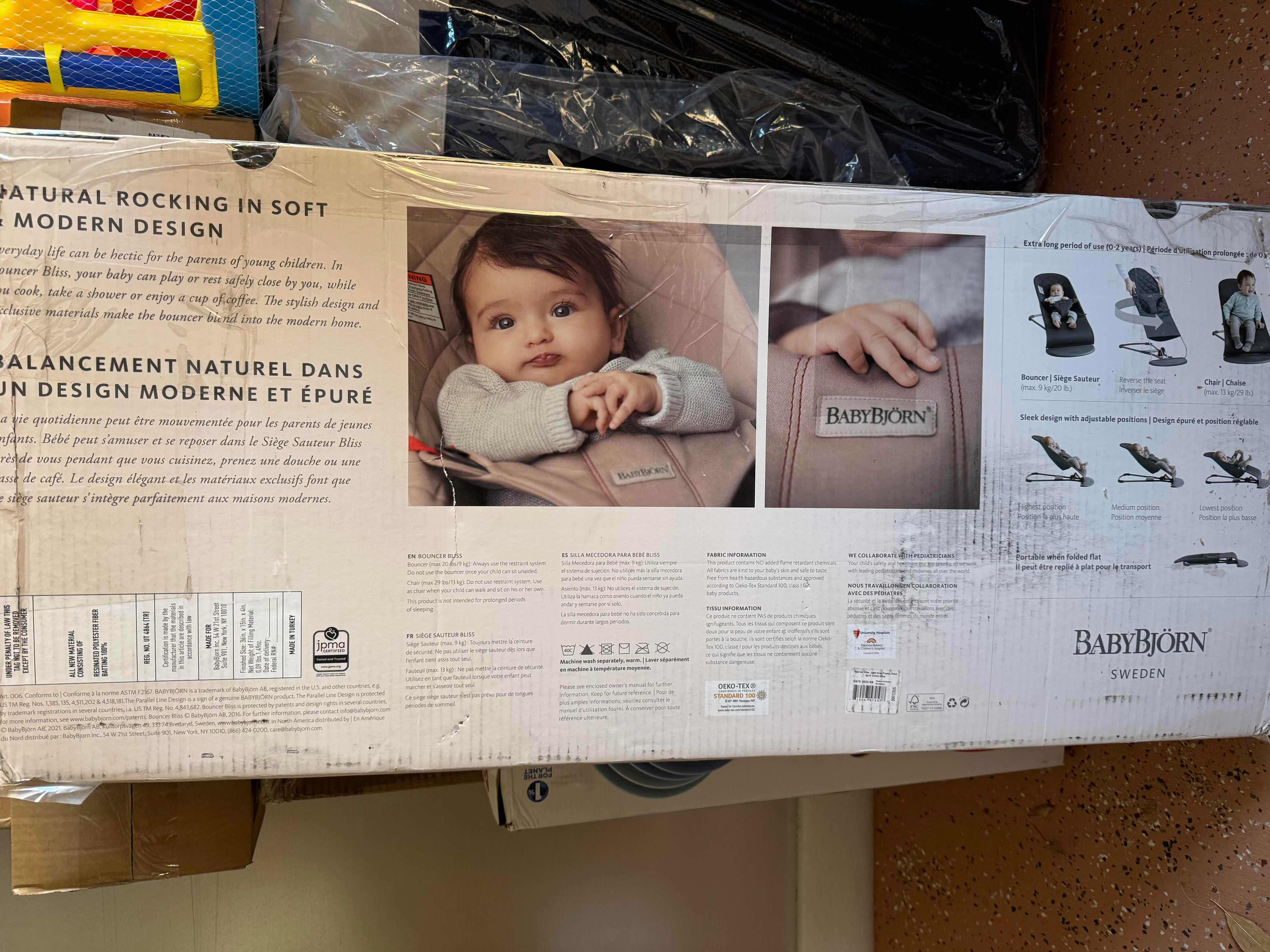 Photo 1 of BABYBJORN BOUNCER BLISSN IN LIGHT GRAY FRAME, PETAL QUILT, COTTON BLUE