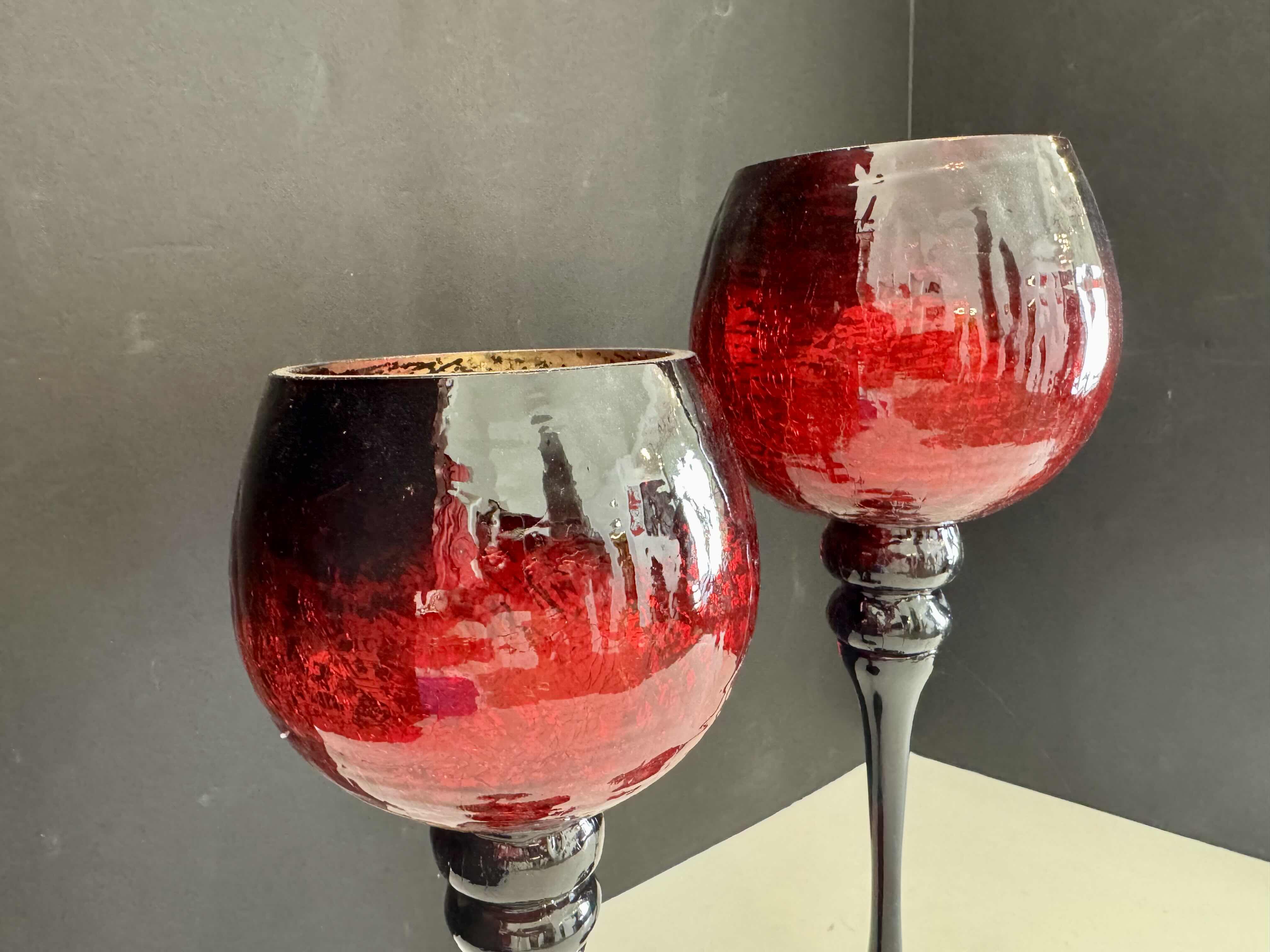 Photo 1 of 2 - RED CRACKLE CANDLE HOLDERS 
H 12” & H 14”