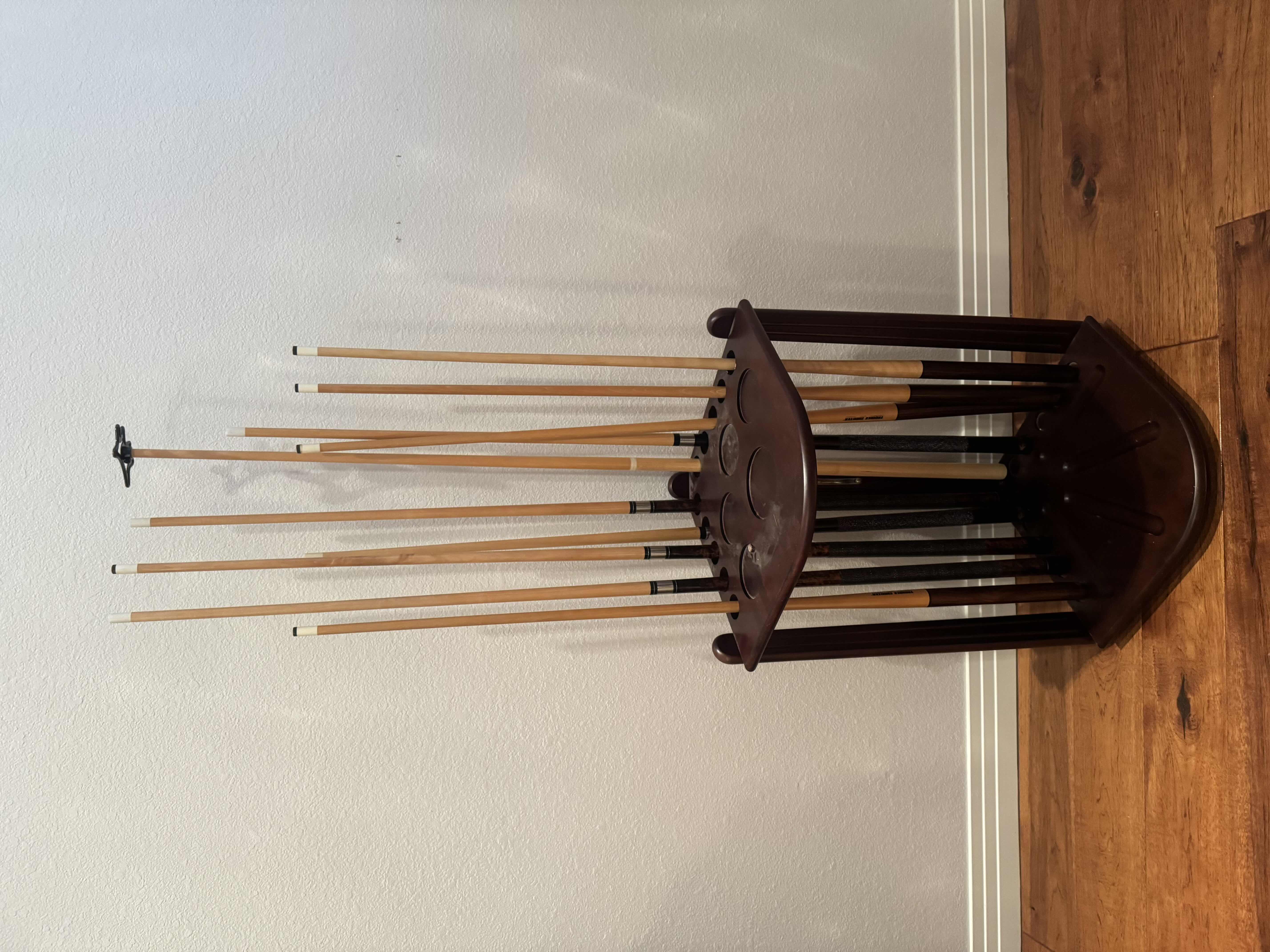 Photo 1 of 9-POOL CUE STICKS W. WOOD HOLDER
