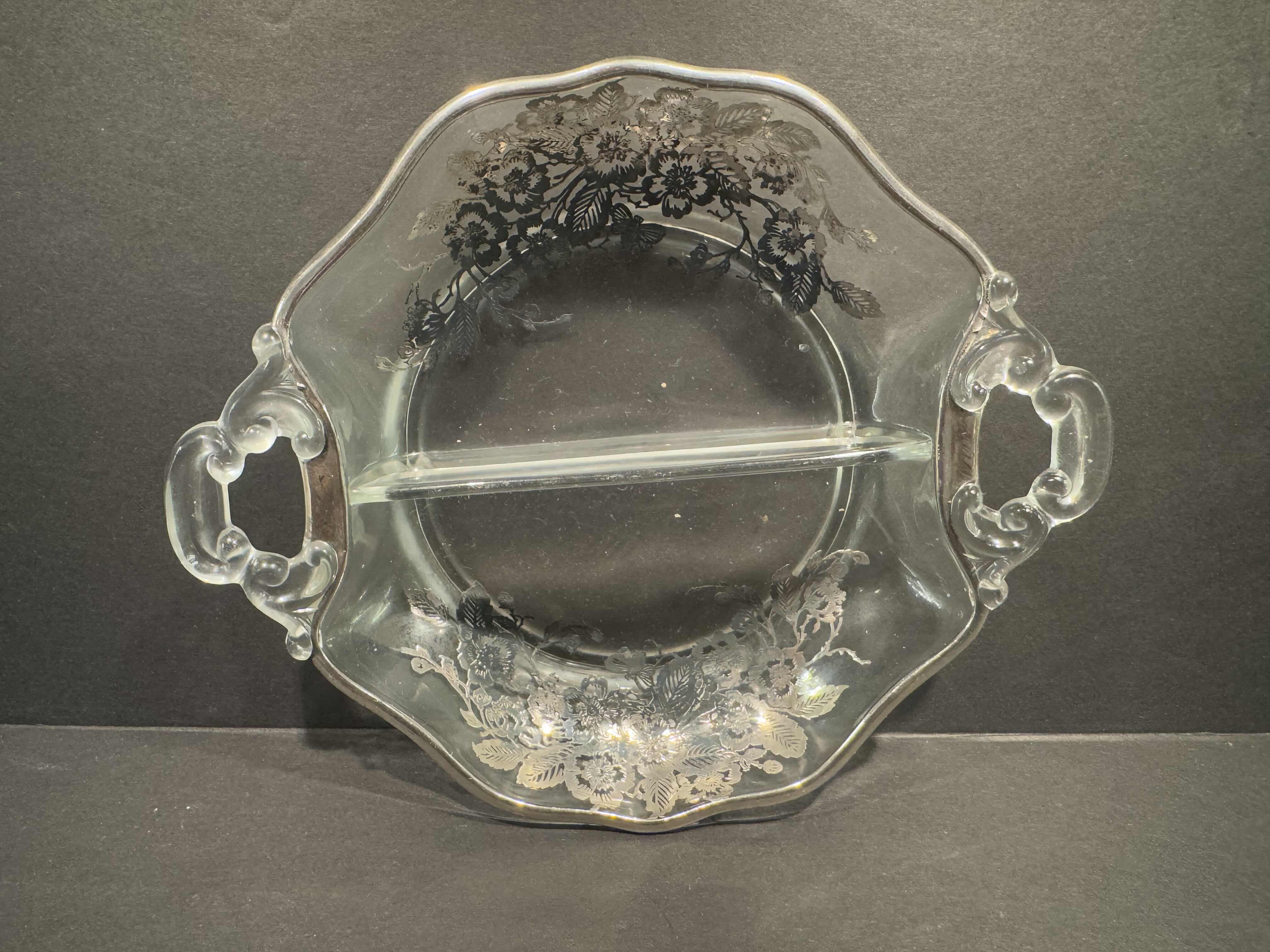 Photo 1 of 2 SERVICE PIECES 1) VINTAGE ANCHOR HOCKING PINK DEPRESSION GLASS  9” DESERT STAND 1) CAMBRIDGE ROSE POINT 2 PART DIVIDED HANDLED DISH  8" 