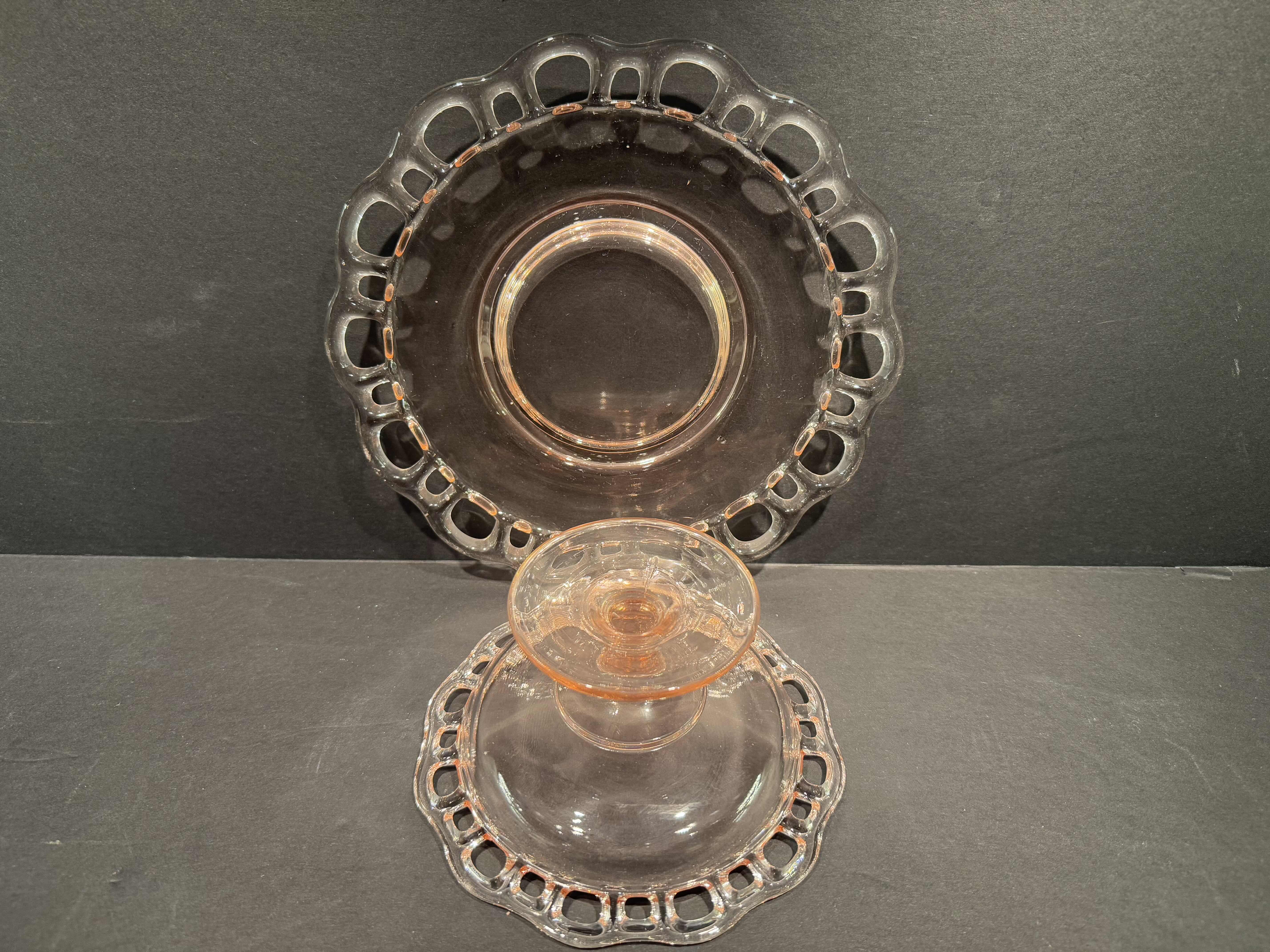 Photo 1 of 2 SERVICE PIECES 1) VINTAGE ANCHOR HOCKING PINK DEPRESSION GLASS  9” DESERT STAND 1) CAMBRIDGE ROSE POINT 2 PART DIVIDED HANDLED DISH  8" 