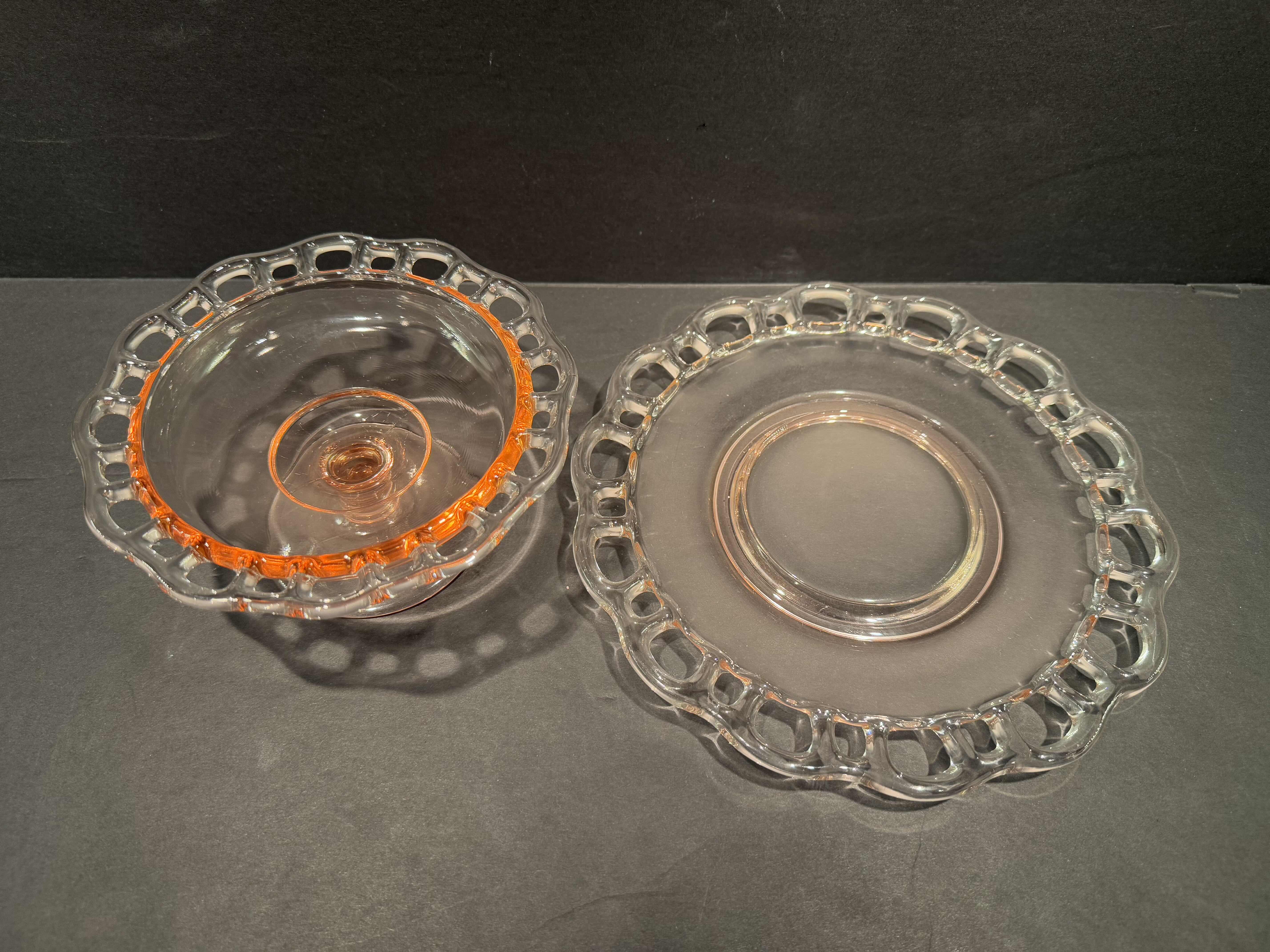 Photo 1 of 2 SERVICE PIECES 1) VINTAGE ANCHOR HOCKING PINK DEPRESSION GLASS  9” DESERT STAND 1) CAMBRIDGE ROSE POINT 2 PART DIVIDED HANDLED DISH  8" 