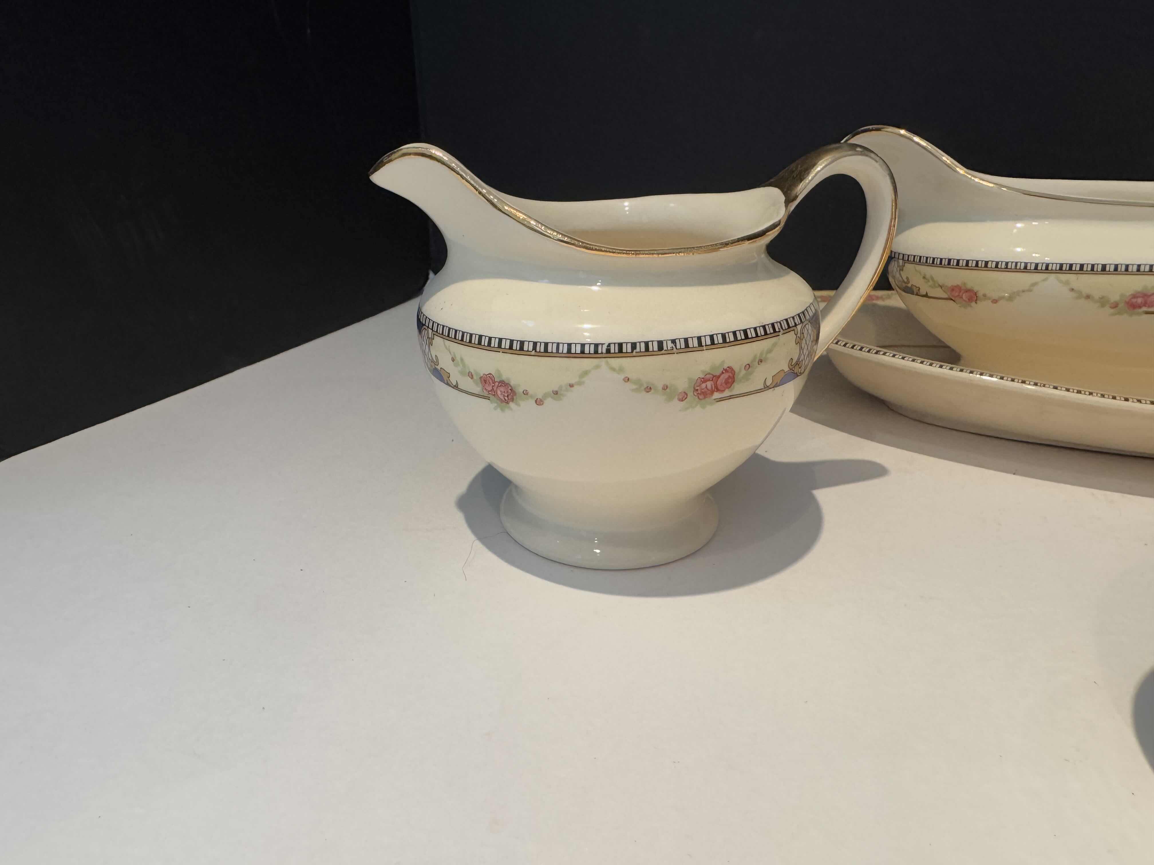 Photo 1 of 5- UNIVERSAL CAMBRIDGE SERVICE PIECES. GRAVY BOAT, SUGAR BOWL, CREAMER AND 1 SHAKER