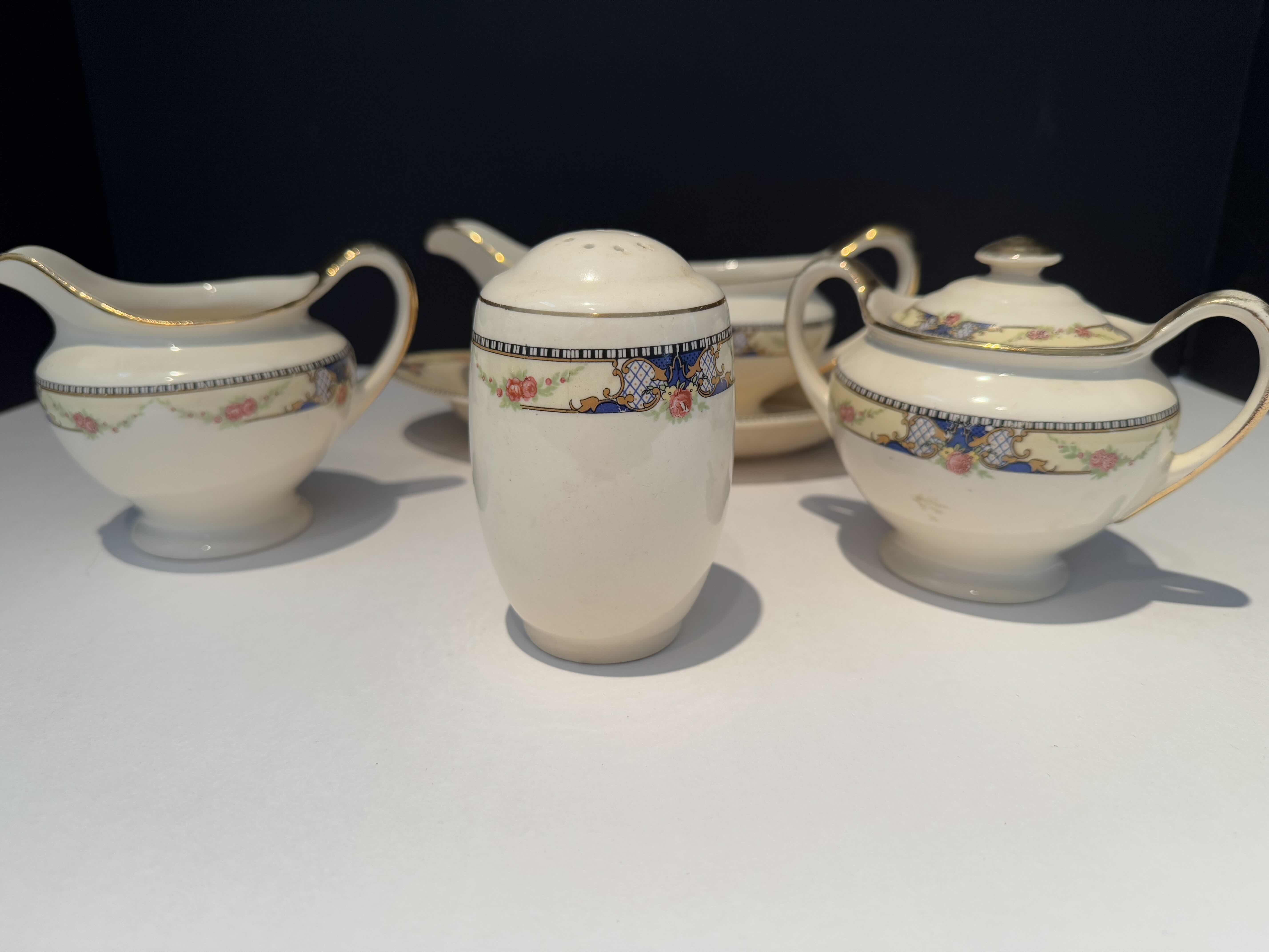Photo 1 of 5- UNIVERSAL CAMBRIDGE SERVICE PIECES. GRAVY BOAT, SUGAR BOWL, CREAMER AND 1 SHAKER