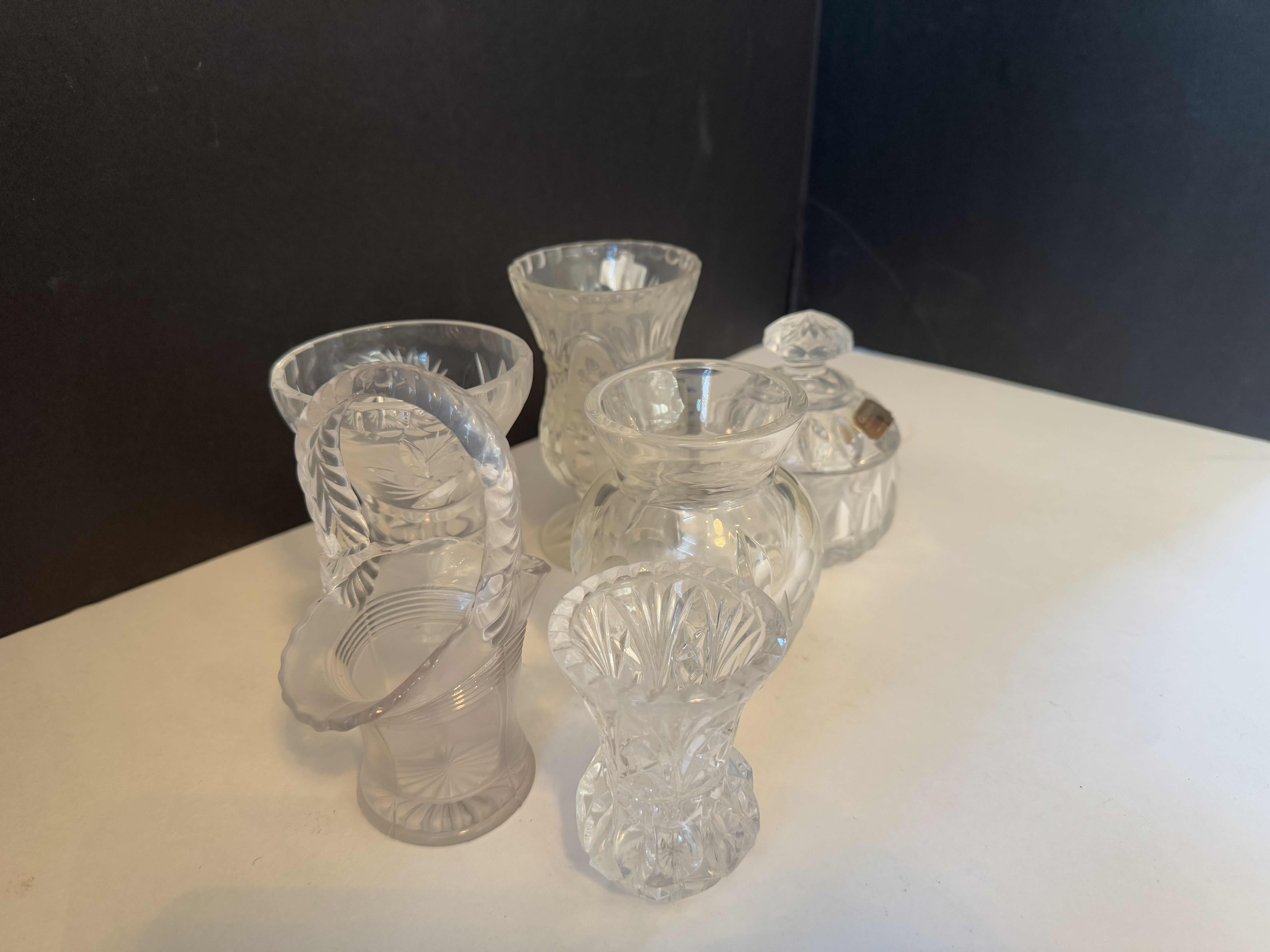 Photo 1 of 6-HOME DECOR ITEMS-VINTAGE EUROPEAN LEAD CRYSTAL PIECES. GLASSES, CANDY DISH WITH LID AND VASES.