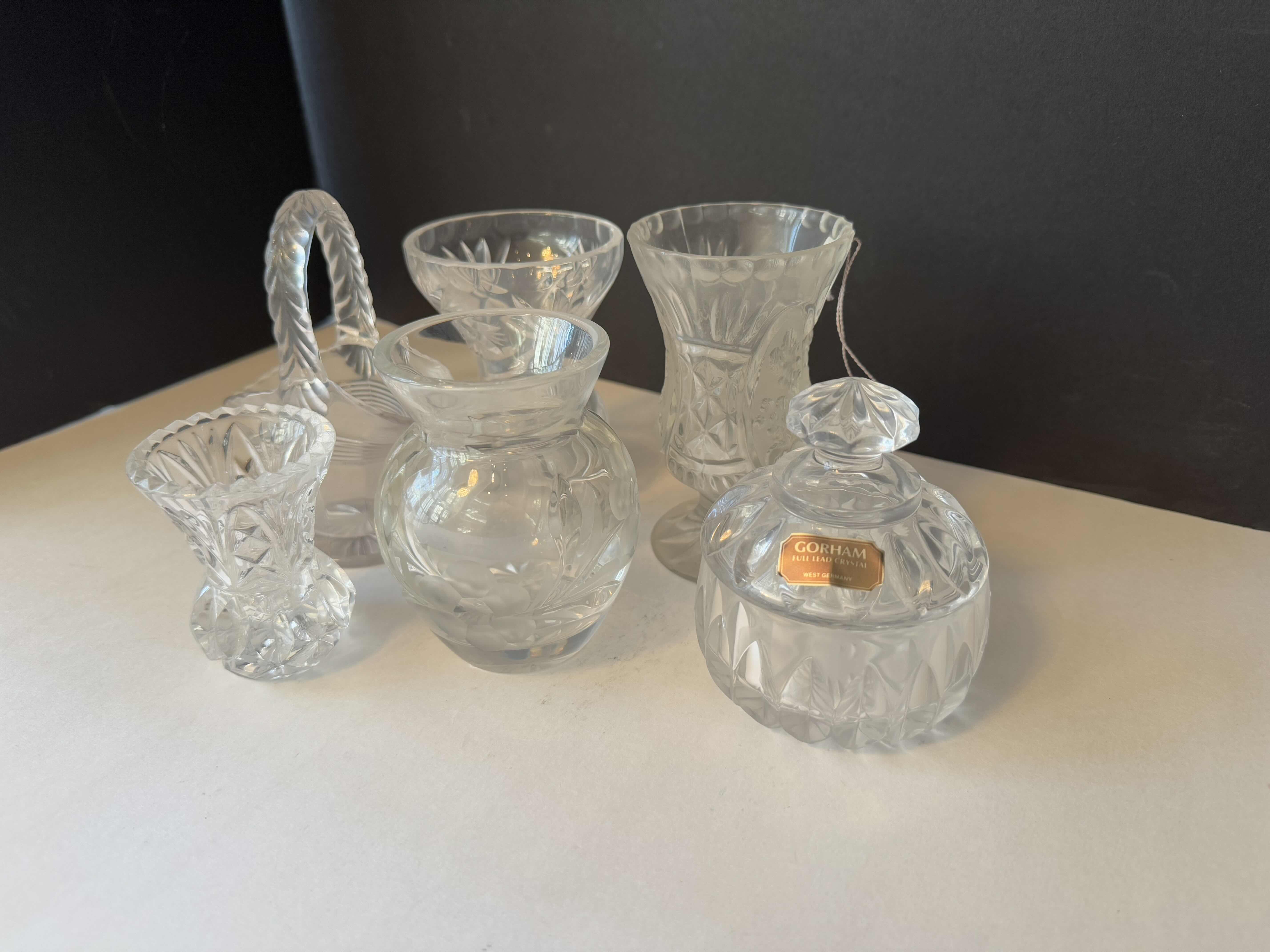Photo 1 of 6-HOME DECOR ITEMS-VINTAGE EUROPEAN LEAD CRYSTAL PIECES. GLASSES, CANDY DISH WITH LID AND VASES.