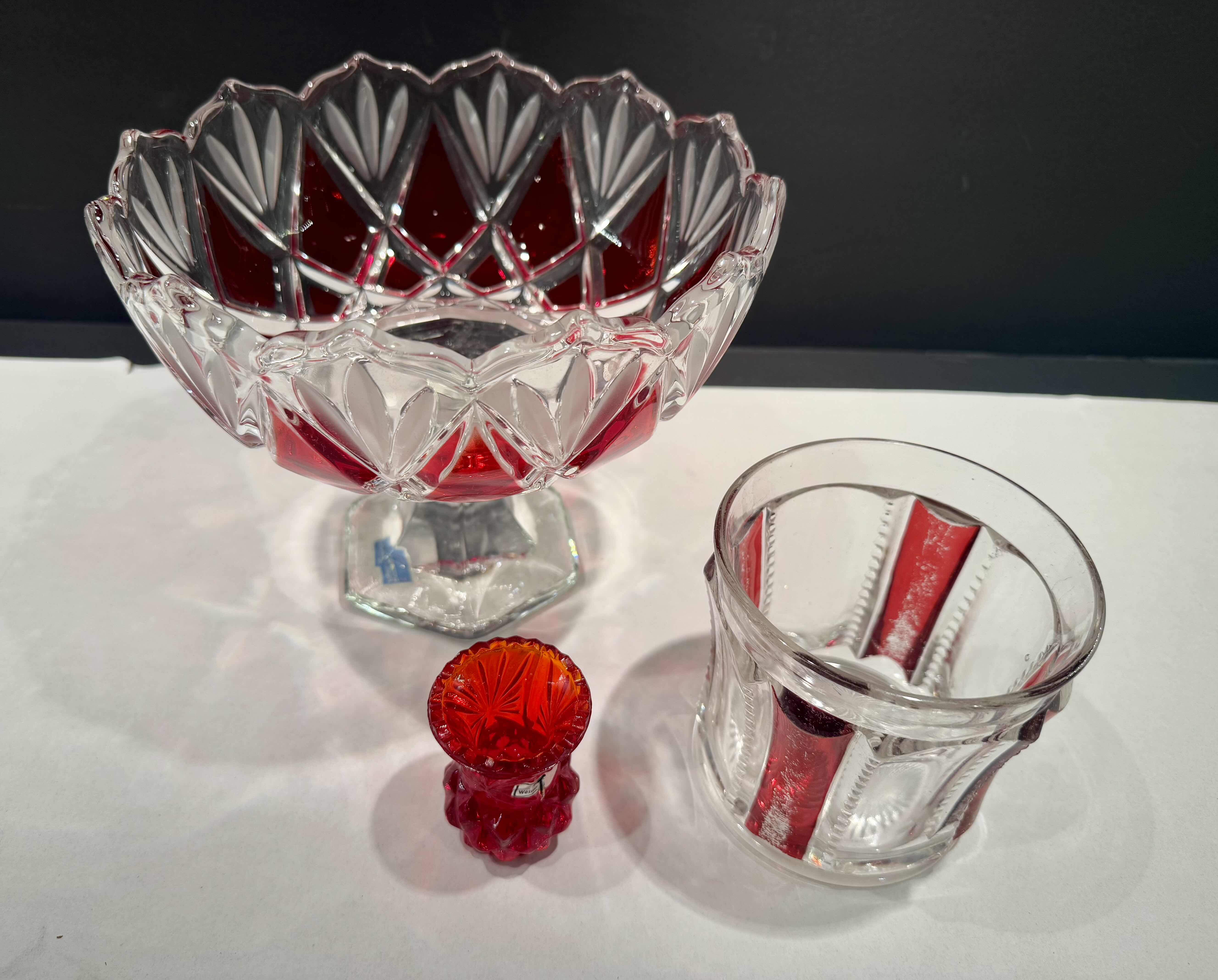 Photo 1 of 3 CRYSTAL & GLASS PIECES CELEBRATIONS BY MIKASA RUBY RED 8” FOOTED COMPOTE BOWL, VINTAGE AMBERLINA TOOTHPICK HOLDER