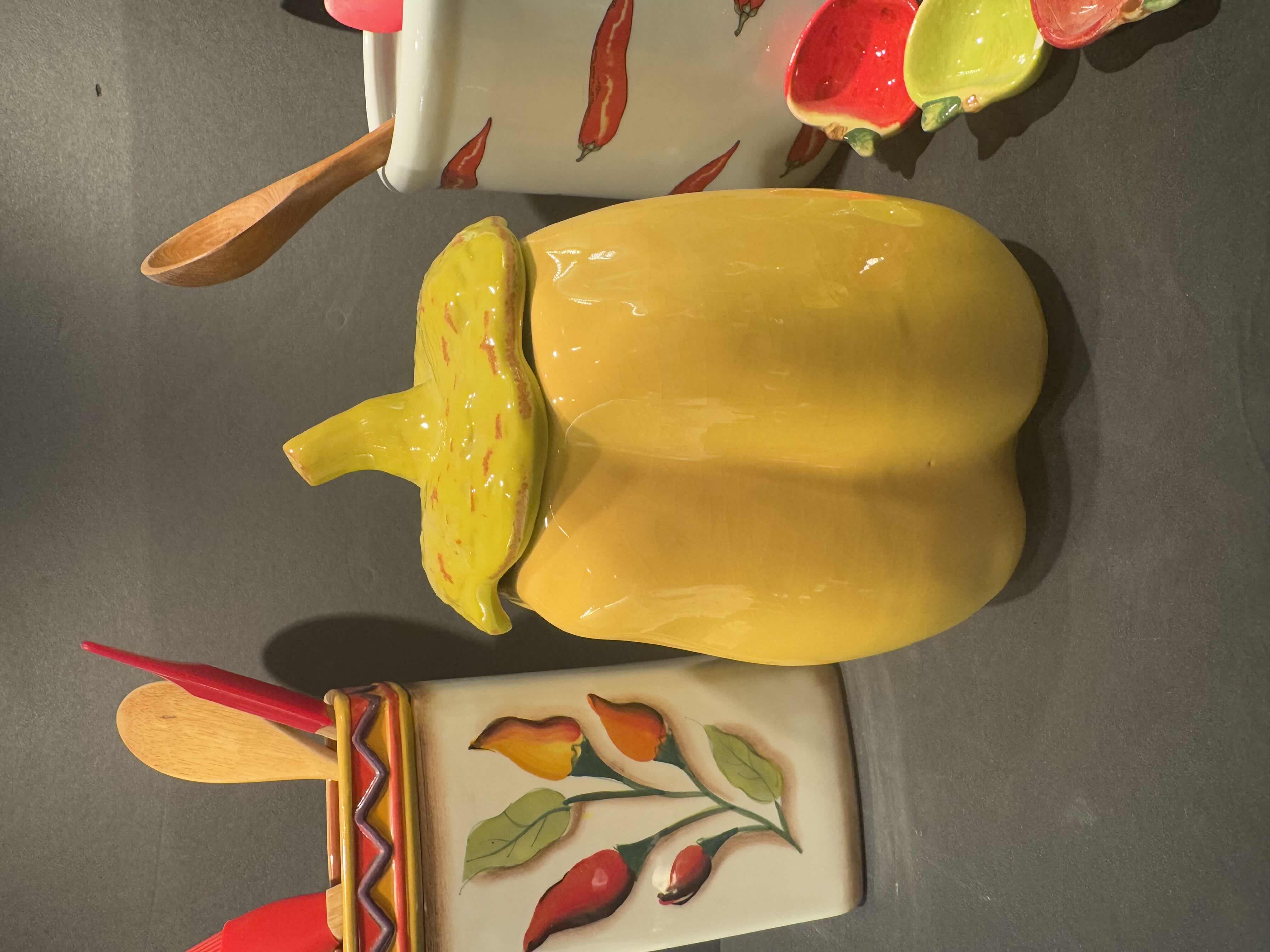 Photo 1 of 4 KITCHEN ESSENTIALS: 2-UTENSIL CROCKS, CERAMIC MEASURING SPOONS, PEPPER DESIGN LIDDED JAR 