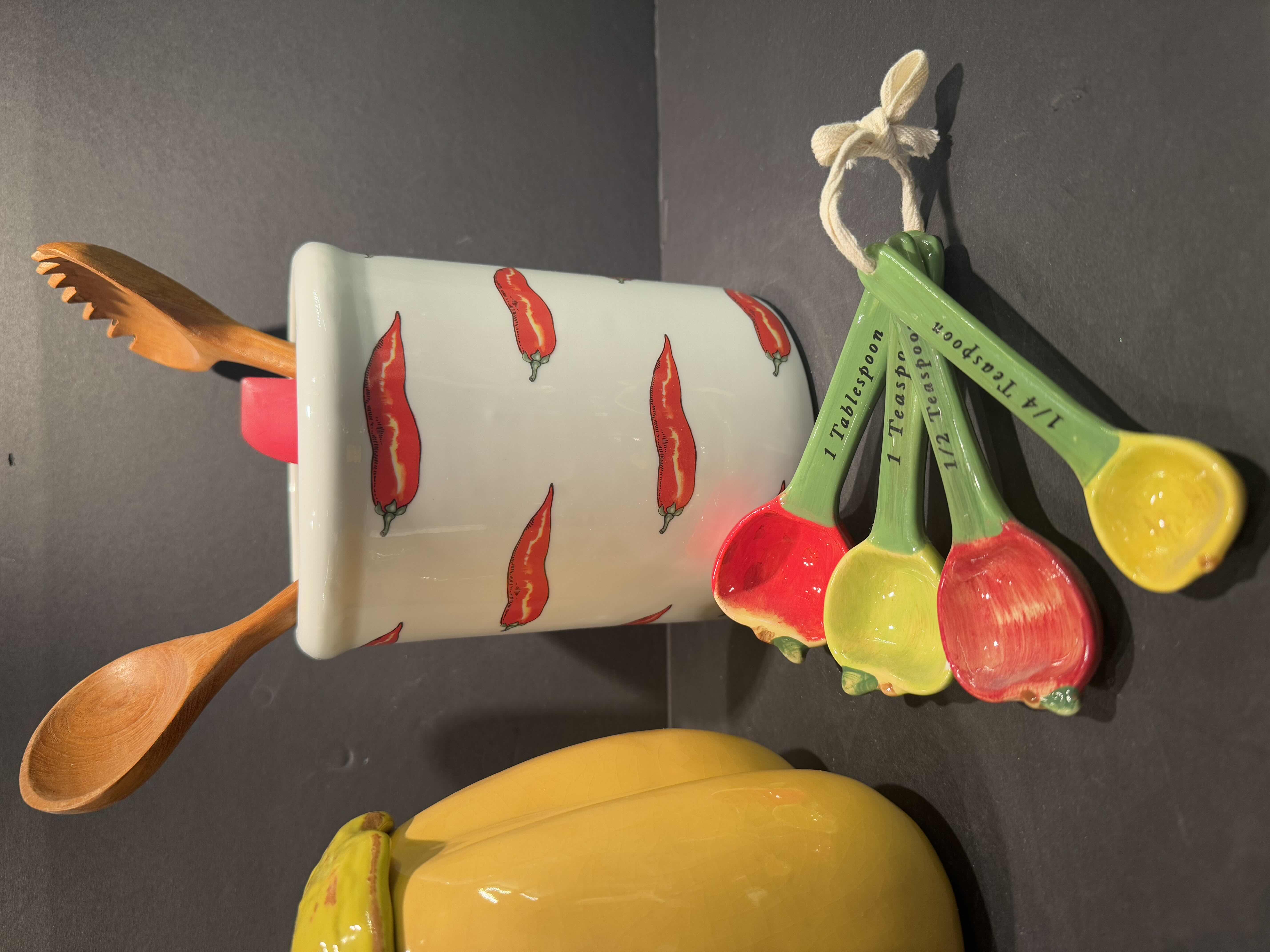 Photo 1 of 4 KITCHEN ESSENTIALS: 2-UTENSIL CROCKS, CERAMIC MEASURING SPOONS, PEPPER DESIGN LIDDED JAR 