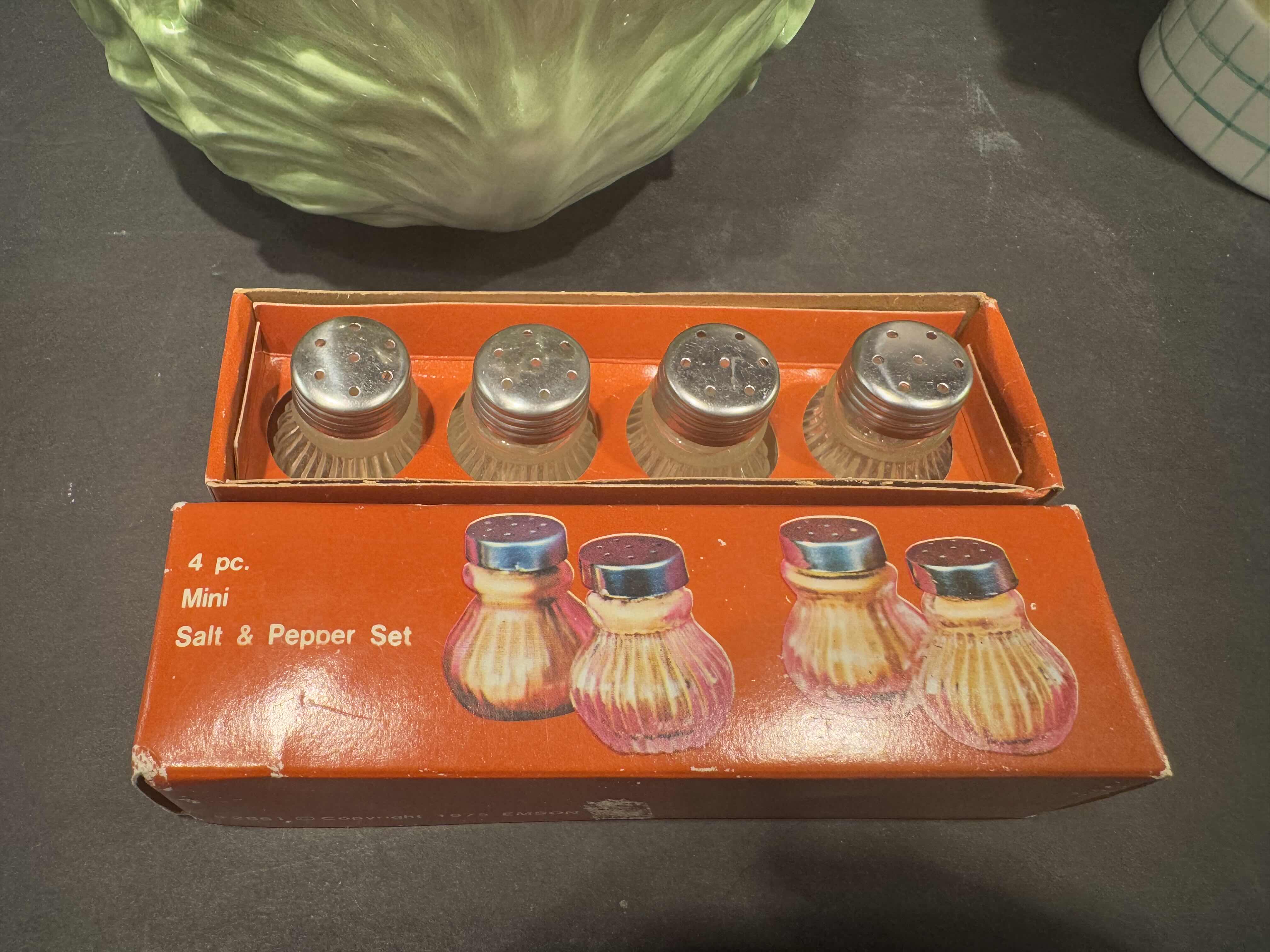 Photo 1 of 5 ASSORTED KITCHEN ESSENTIALS-
1) COPPER WATERING POT 1) CERAMIC BUNNY IN CABBAGE BOWL, SALT & PEPPER SHAKERS 2) HOT TUB MUGS