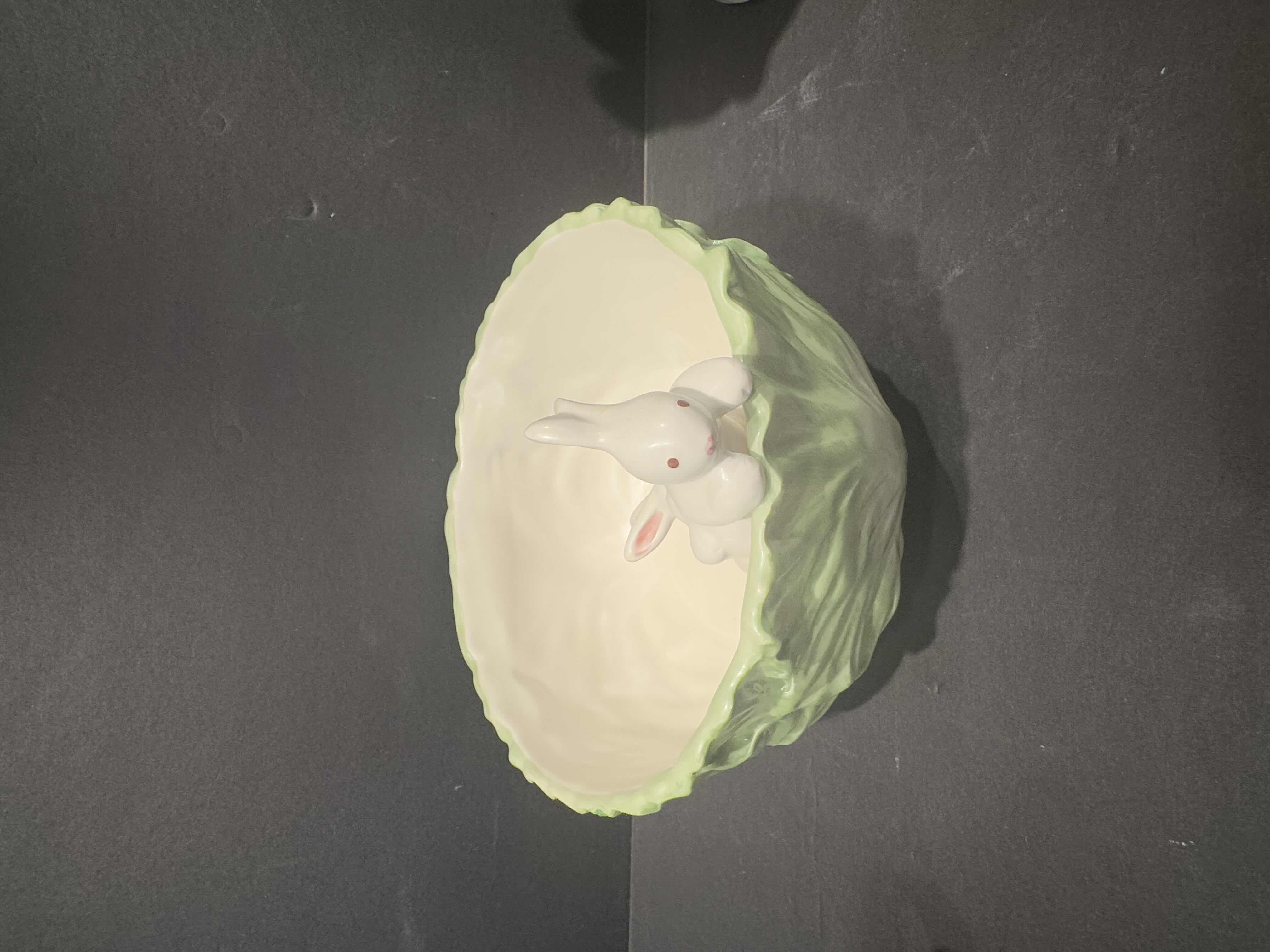 Photo 1 of 5 ASSORTED KITCHEN ESSENTIALS-
1) COPPER WATERING POT 1) CERAMIC BUNNY IN CABBAGE BOWL, SALT & PEPPER SHAKERS 2) HOT TUB MUGS