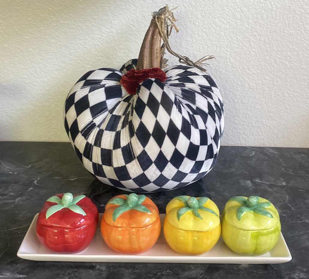 Photo 1 of HARLEQUIN FABRIC PUMPKIN 12“ x 12“ & FALL CERAMIC WARE WITH LIDS