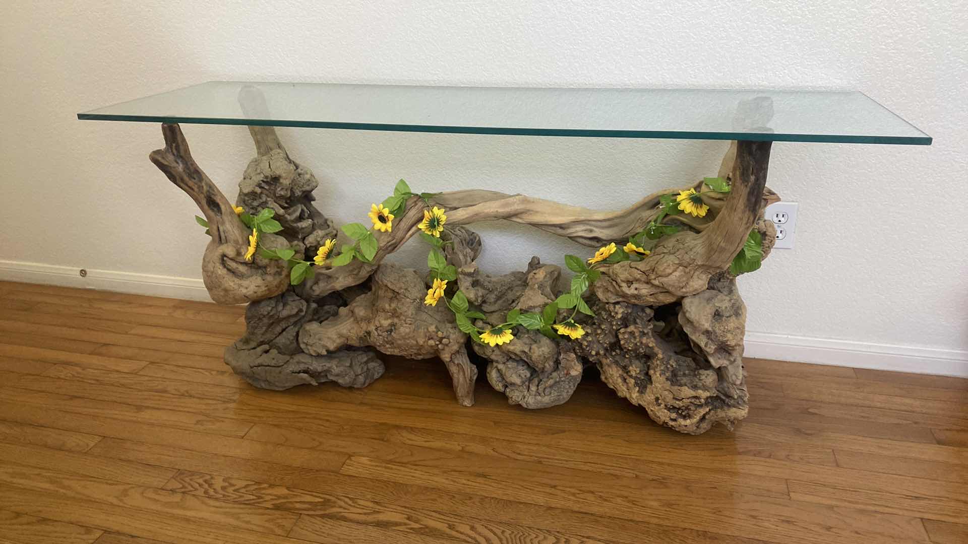 Photo 1 of GLASS TOP CONSOLE TABLE WITH WOOD BASE 60” x 18” x 26”