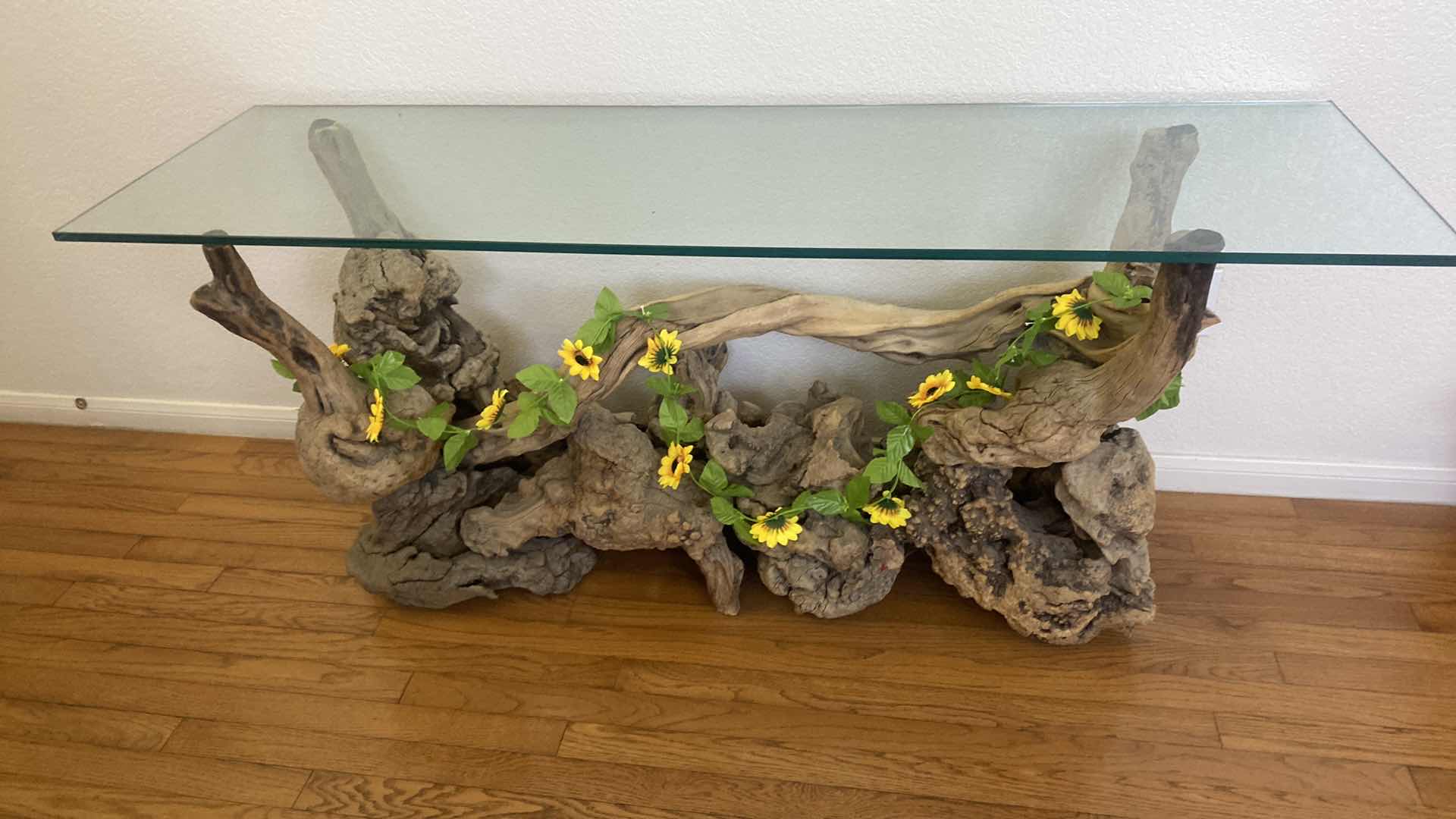 Photo 1 of GLASS TOP CONSOLE TABLE WITH WOOD BASE 60” x 18” x 26”