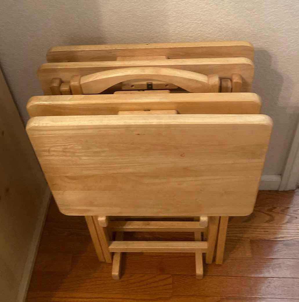 Photo 1 of 4 WOOD TV TRAYS IN STAND 19” x 9 1/2” x 32”