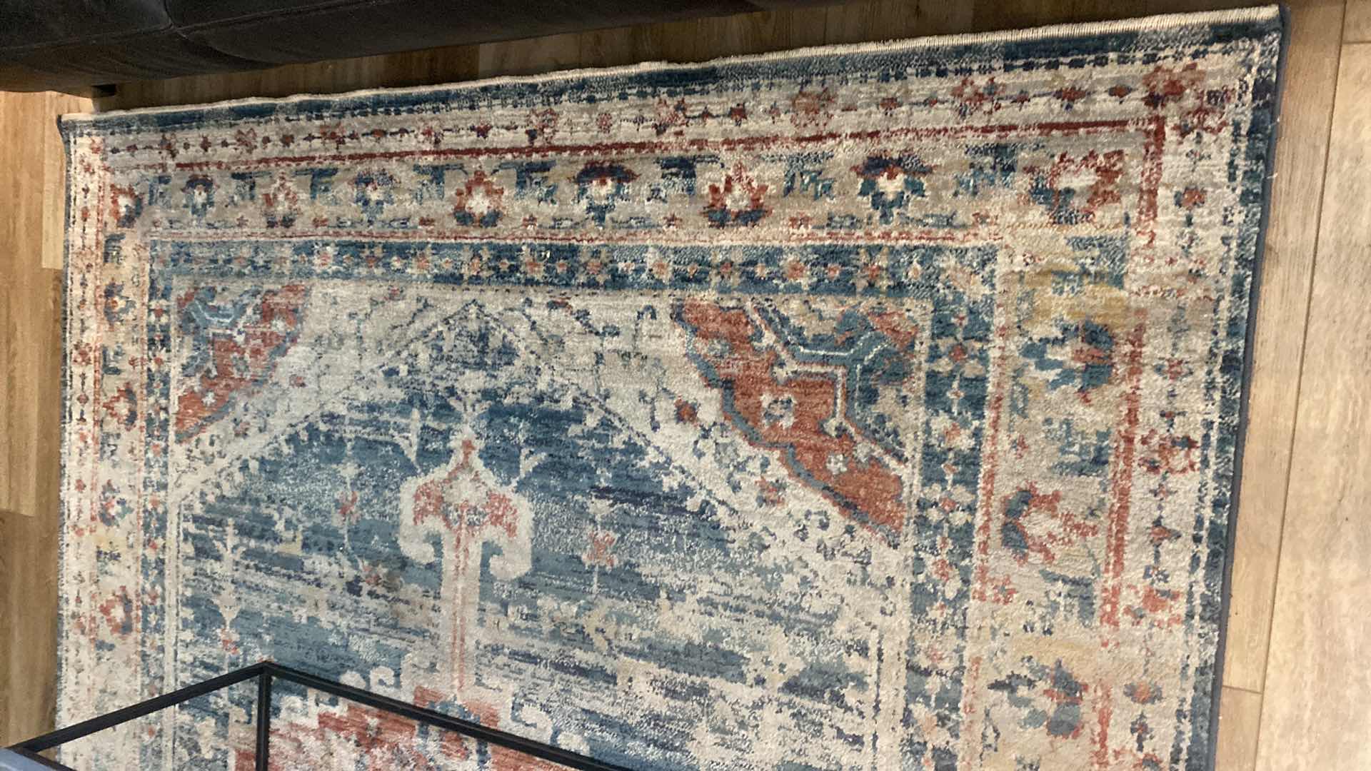 Photo 1 of DELICATE AREA RUG MADE IN TURKEY 6’ 7” X 9’ BLUE CREAMS AND ORANGES