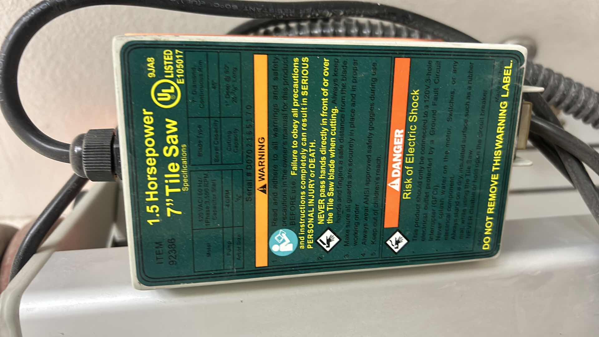 Photo 2 of CHICAGO ELECTRIC POWER TOOLS - 1.5 HORSEPOWER 7” TILE CUTTER