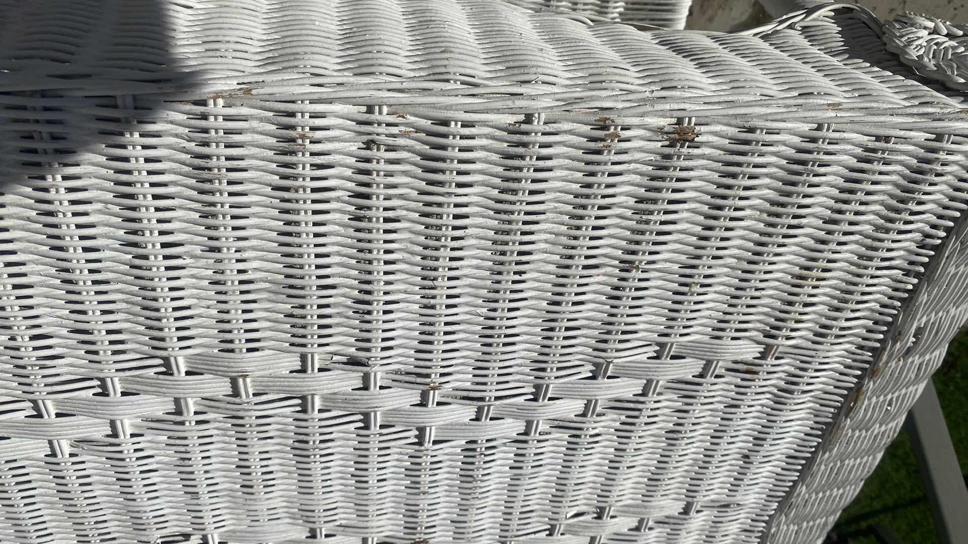 Photo 1 of WHITE PAINTED WICKER BENCH 34“ x 18“  H 18”