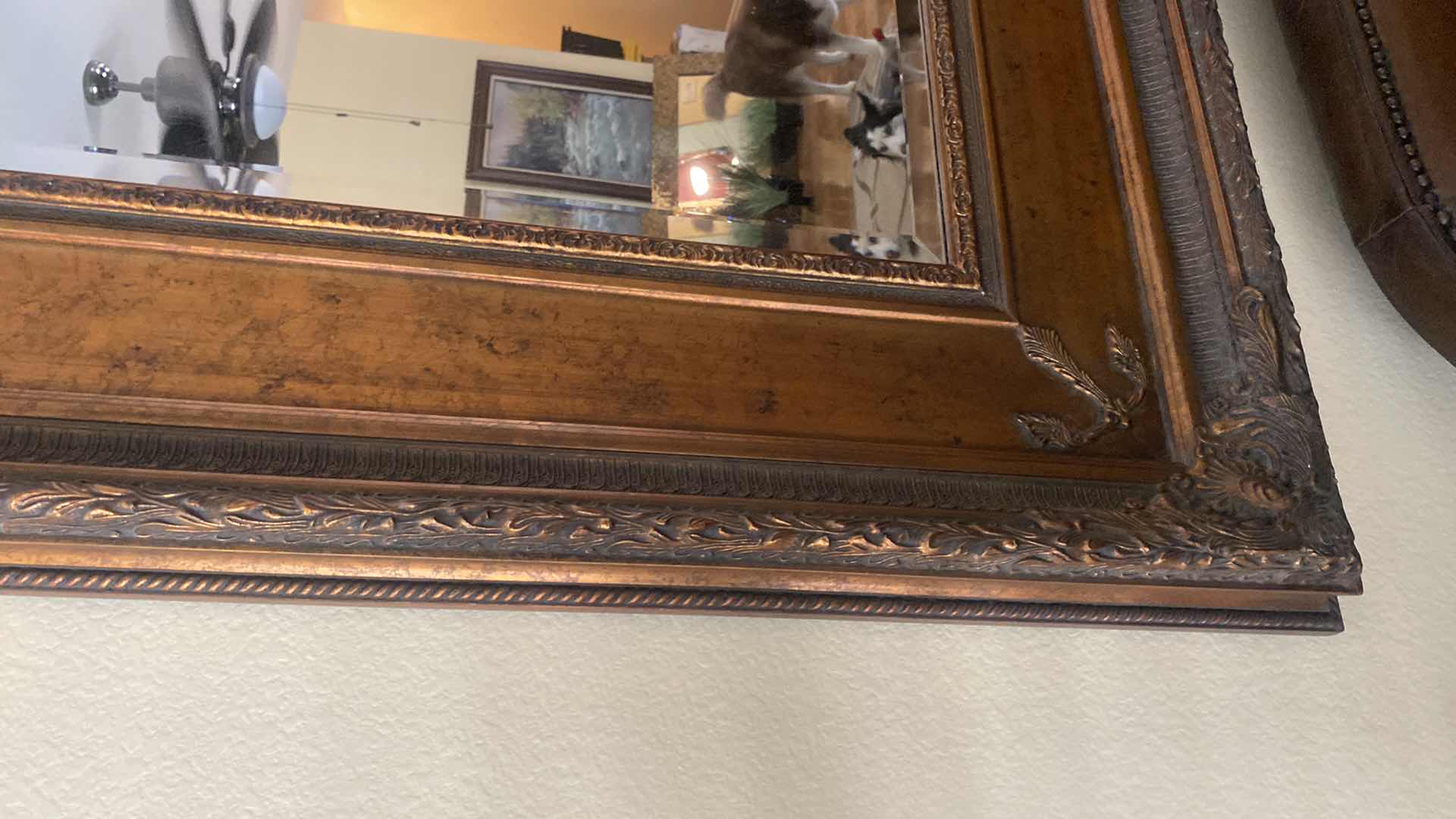 Photo 3 of ORNATE COPPER & BLACK WOOD BEVELED MIRROR FROM RESTAURANT IN WHIDBEY ISLAND, WASHINGTON STATE 91” x 56” (two available each sold separately)