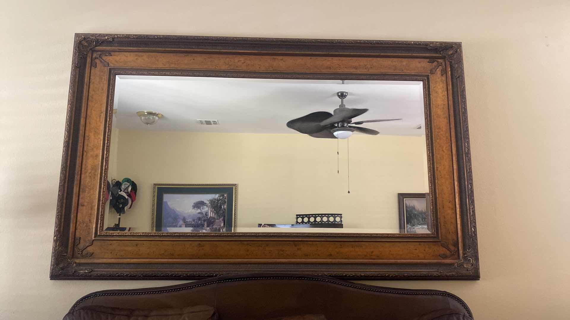 Photo 1 of ORNATE COPPER & BLACK WOOD BEVELED MIRROR FROM RESTAURANT IN WHIDBEY ISLAND, WASHINGTON STATE 91” x 56” (two available each sold separately)