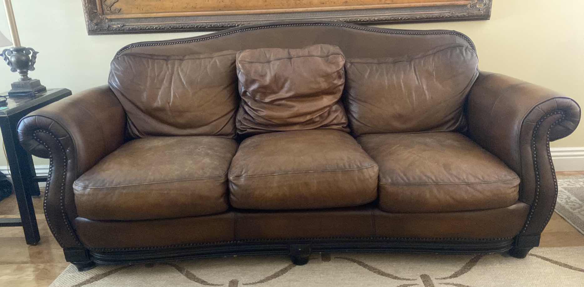 Photo 1 of 88” LEATHER MART BROWN WITH ROLLED ARMS & NAILHEAD TRIM