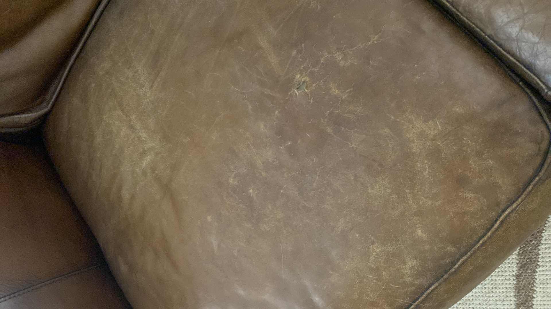 Photo 1 of 88” LEATHER MART BROWN WITH ROLLED ARMS & NAILHEAD TRIM