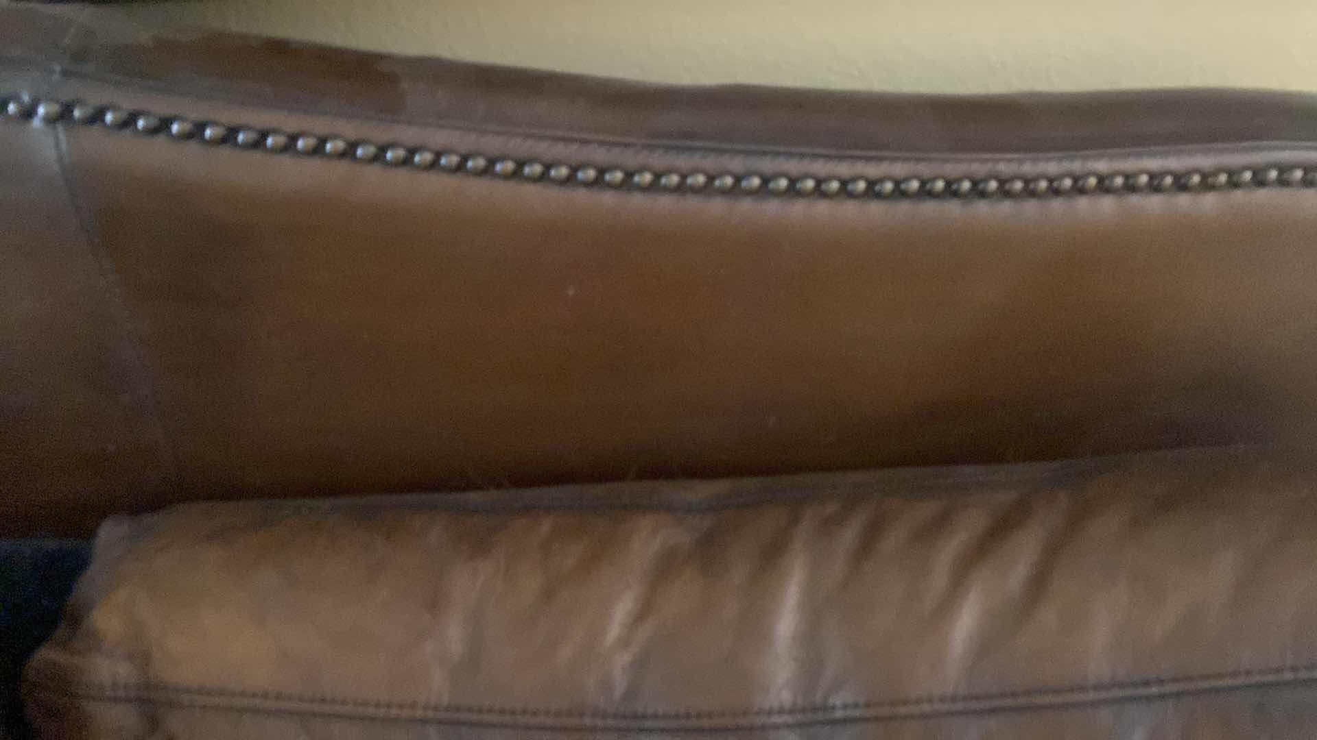 Photo 1 of 88” LEATHER MART BROWN WITH ROLLED ARMS & NAILHEAD TRIM